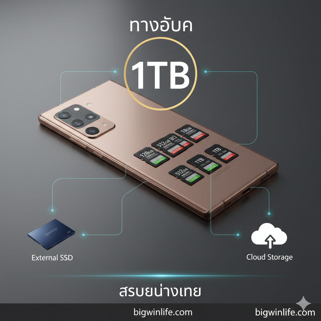 ภาพสรุปและแนะนำทางเลือก (Summary/Conclusion) แสดง Galaxy Note 20 Ultra พร้อมคำว่า 'Solution' และ '1TB' ด้านบน โชว์ MicroSD Card หลายขนาดกองอยู่ด้านหน้า (เช่น 128GB, 512GB, 1TB) เพื่อสื่อถึงตัวเลือกในการขยายพื้นที่ จัดวางองค์ประกอบให้ดูเป็นมืออาชีพและเชื่อถือได้ อาจมีภาพเล็กๆ ของ External SSD (เช่น Samsung T7) และไอคอน Cloud Storage เพื่อเป็นทางเลือกในการจัดเก็บข้อมูลสำหรับผู้ใช้ Note 20 ธรรมดา สร้างความรู้สึกของการ 'แก้ปัญหา' และ 'เสรีภาพในการจัดเก็บข้อมูล'