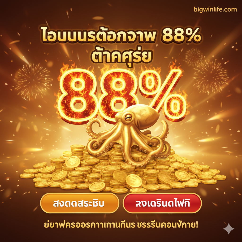 ภาพสรุปที่เน้นย้ำโปรโมชั่น 'เครดิตฟรี' และปุ่ม CTA เป็นหลัก องค์ประกอบหลักคือกองเหรียญทองขนาดใหญ่และเครื่องหมาย '88%' ขนาดใหญ่ที่มีปลาหมึกทองคำ (Octo) เกาะอยู่ เน้นข้อความสำคัญ 'โบนัสต้อนรับ 88%' และ 'แตกง่าย' ด้วยฟอนต์ที่โดดเด่นและมีเอฟเฟกต์ไฟลุก (Flame Effect) จัดวางปุ่ม 'สมัครสมาชิก' และ 'รับเครดิตฟรี' ให้ดูน่าคลิกและเป็นจุดสิ้นสุดของบทความ ใช้โทนสีที่อบอุ่นและดึงดูดใจ (ทอง, ส้ม, แดง) เพื่อกระตุ้นให้ผู้เล่นดำเนินการทันทีตามคำว่า 'อย่าพลาดโอกาสในการเป็นเศรษฐีคนต่อไป!'