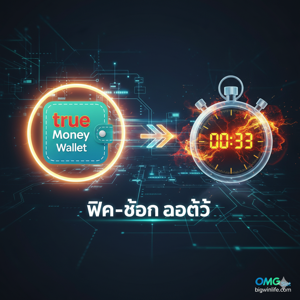 重点突出 OMG Slot 的 '钱包' 和 '3秒自动存取款' 功能。构图上，ซ้ายมือคือรูปไอคอน True Money Wallet ขนาดใหญ่ที่มีแสงเรืองรองล้อมรอบ หรือเป็นโลโก้ที่เกี่ยวข้อง ด้านขวามือคือนาฬิกาจับเวลา (Timer) ที่แสดง '00:03' โดยเลข 3 ควรเป็นสีแดงหรือสีทองที่โดดเด่นสะดุดตา ตรงกลางใช้ลูกศรแสดงทิศทางที่รวดเร็วเชื่อมโยงสององค์ประกอบเข้าด้วยกัน และใต้ลูกศรมีข้อความภาษาไทย 'ฝาก-ถอน ออโต้' ด้านหลังอาจใช้ภาพแผนผังการประมวลผลธุรกรรมอัตโนมัติด้วย AI ในโทนสีฟ้าและเขียวซึ่งเป็นสีที่แสดงถึงความปลอดภัยและความรวดเร็ว สไตล์ควรเน้นไปที่ความเรียบง่าย ทันสมัย และมีกลิ่นอายของเทคโนโลยีทางการเงินที่มีประสิทธิภาพสูง