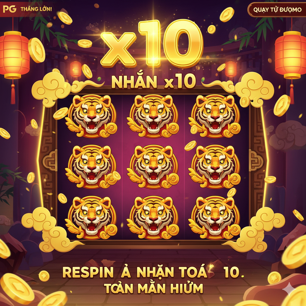 Hình ảnh minh họa cho tính năng chính của Fortune Tiger: Respin và Nhân x10 toàn màn hình. Hiển thị giao diện màn hình Slot Game 3x3 với các cuộn quay đang dừng lại, và tất cả 9 ô đều chứa cùng một biểu tượng (ví dụ: Biểu tượng Hổ hoặc Bao Lì Xì), làm nổi bật chiến thắng 'Toàn Màn Hình' (Full Screen). Góc trên hoặc dưới màn hình hiển thị số nhân x10 LỚN, cùng với hiệu ứng ánh sáng vàng rực rỡ và các đồng tiền vàng đang bắn ra, tượng trưng cho giải thưởng lớn (Jackpot). Màu sắc chủ đạo là vàng, đỏ và tím đậm của giao diện game.