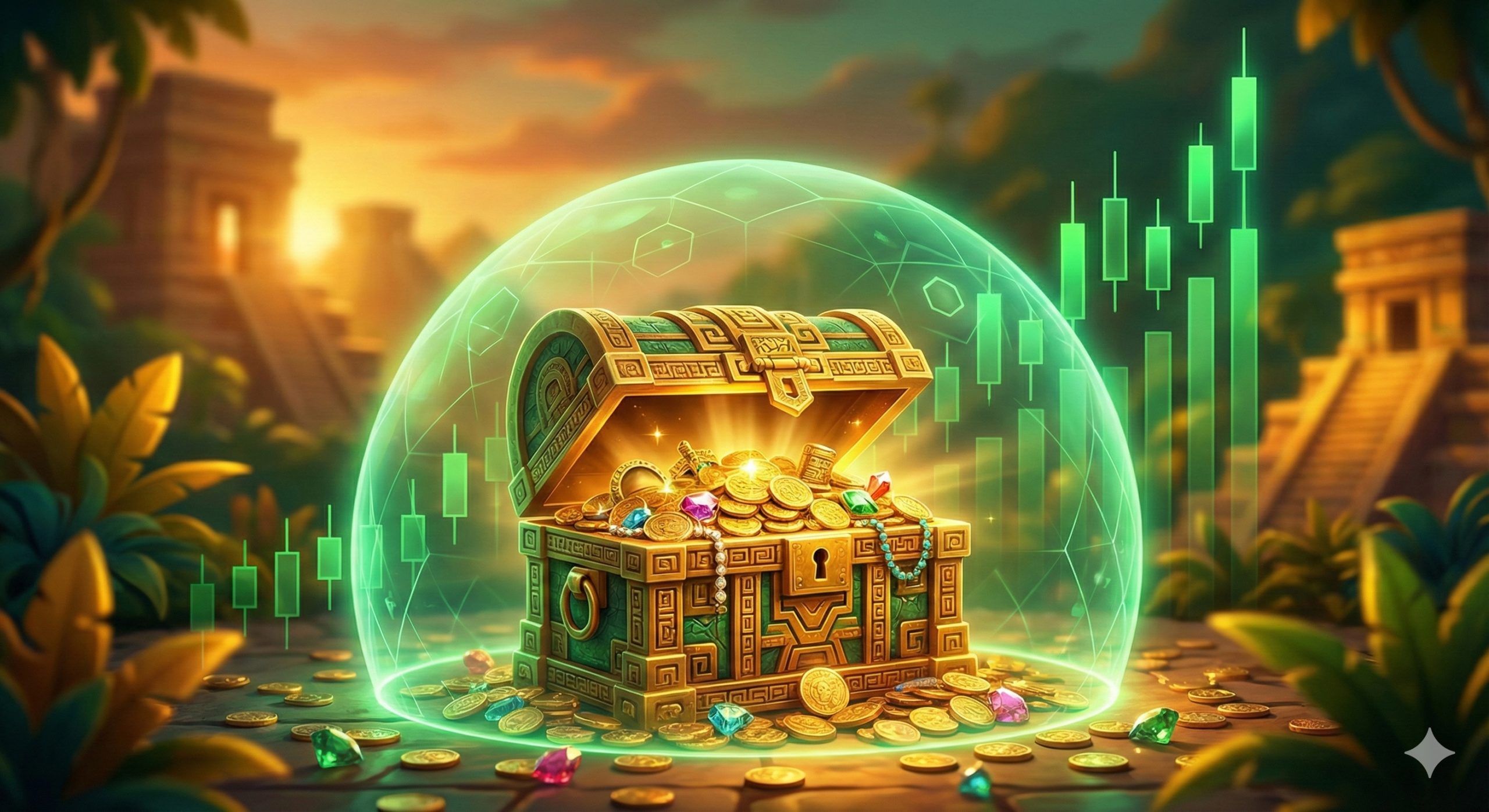视觉化表达高胜率和安全性的图像。一个巨大的阿兹特克黄金宝箱打开，溢出大量的金币和宝石，代表着高RTP和巨大的赢利潜力。宝箱外围有一层发光的绿色能量护盾，象征着“无中介/无代理”的直接保护。背景中有一条上升的绿色K线图，色调以金色、红色和绿色为主，寓意繁荣和公正，无文字。