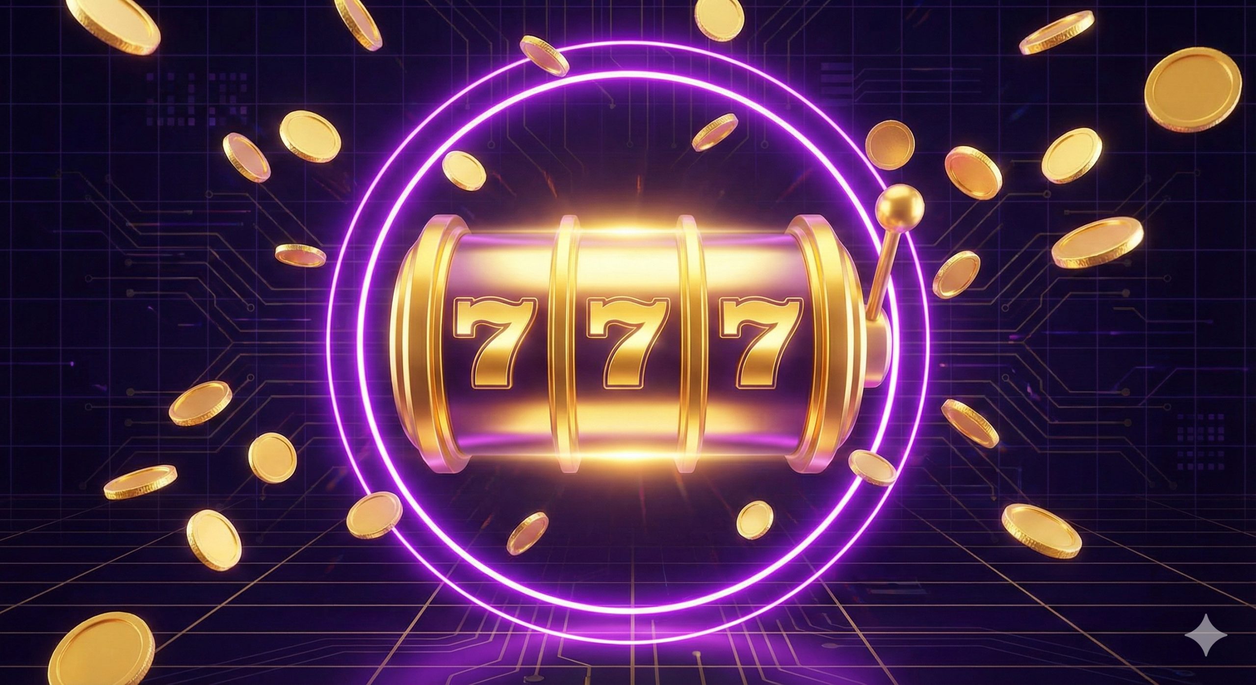 一张充满活力和奢华感的3D渲染封面图。画面中心是一个发光的金色老虎机卷轴，周围环绕着霓虹紫色的光环和飘浮的金币，象征着PG Soft游戏的刺激感。背景是充满科技感的深色数字网格，暗示着“直营网站”的安全连接。整体色调为紫色和金色，营造出高端、正版、令人兴奋的在线博彩氛围，无任何文字。