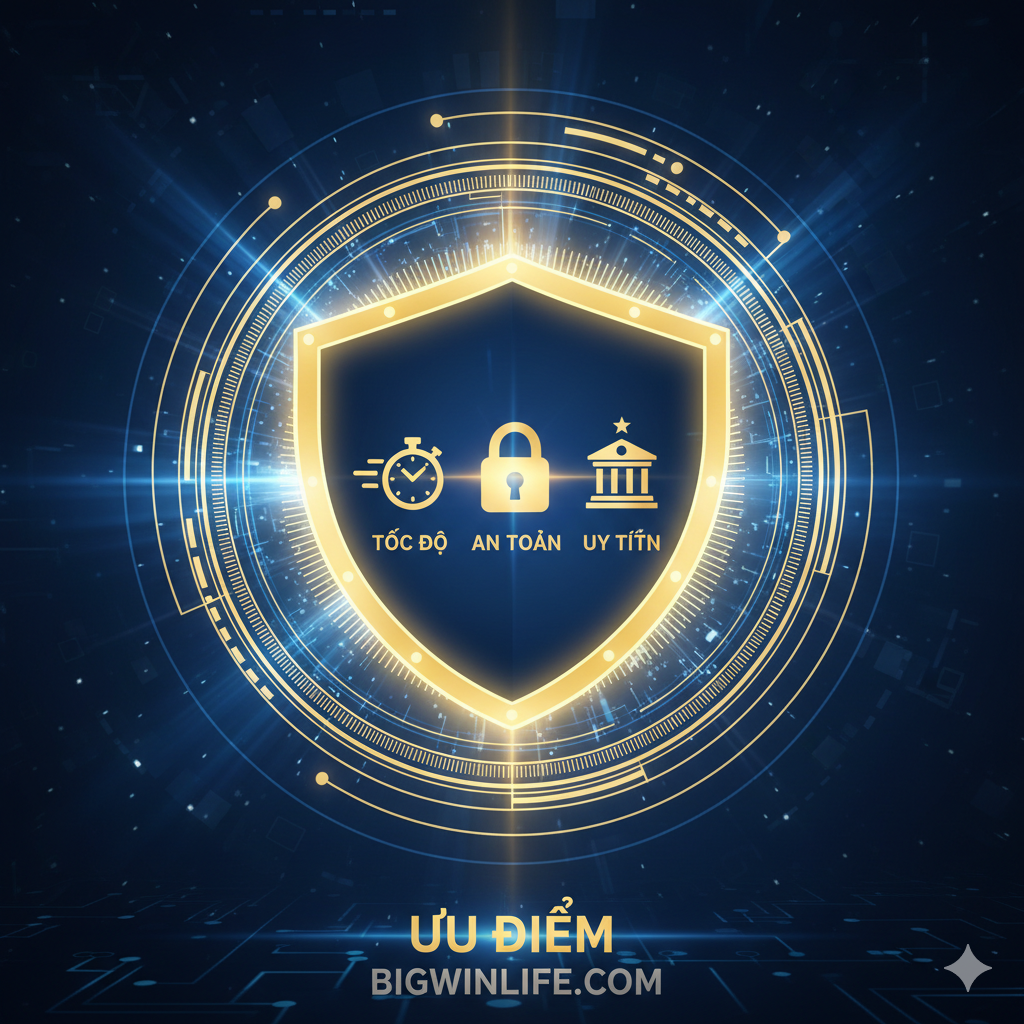 Hình ảnh thể hiện 'Ưu điểm' của hệ thống PG Auto Slot. Cấu trúc hình ảnh là một tấm chắn bảo mật hình tròn hoặc hình khóa (lock icon) lớn, được bao quanh bởi các vòng tròn bảo vệ (encrypted layers) màu xanh đậm và vàng. Bên trong tấm chắn, có ba biểu tượng nhỏ đại diện cho: 1. Đồng hồ bấm giờ (Tốc độ), 2. Khóa bảo mật (An toàn), 3. Tòa nhà hoặc Biểu tượng uy tín (Uy tín). Bố cục tập trung, đối xứng, sử dụng hiệu ứng ánh sáng mạnh mẽ từ trung tâm tỏa ra các cạnh, nhấn mạnh sự cam kết tuyệt đối của Bigwinlife. Tổng thể tạo cảm giác tin cậy, an toàn và vững chắc.