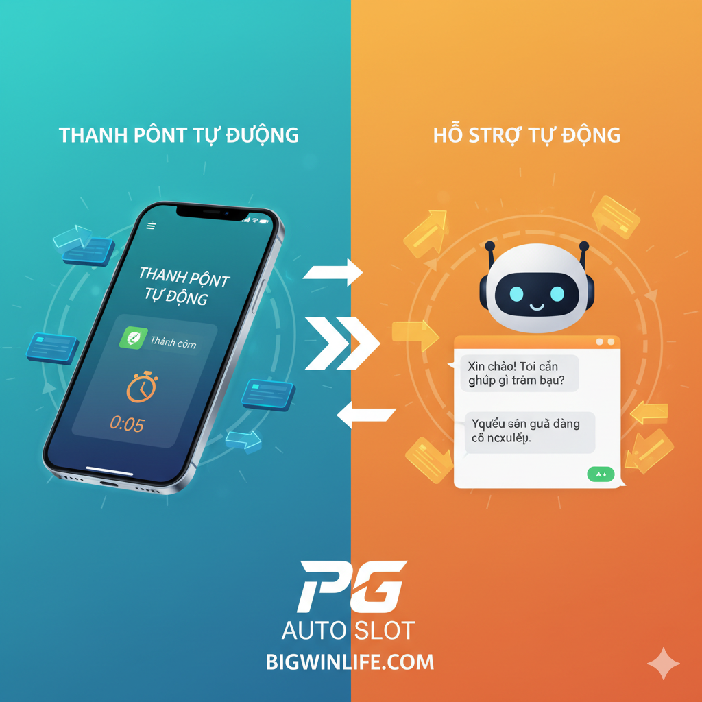 Hình ảnh minh họa hai tính năng chính: 'Auto-Payment' và 'Auto-Support'. Bố cục chia đôi, thể hiện sự đối lập và bổ sung. Phần bên trái là 'Auto-Payment': một chiếc điện thoại thông minh (smartphone) với màn hình hiển thị thông báo giao dịch 'Thành công' và biểu tượng đồng hồ bấm giờ 5 giây. Phần bên phải là 'Auto-Support': một chatbot AI thân thiện (có thể là hình đầu robot đơn giản hoặc biểu tượng AI) đang giao tiếp với người dùng qua cửa sổ chat. Sử dụng màu xanh ngọc/xanh lam để đại diện cho sự tự động hóa và màu cam/vàng để nhấn mạnh tốc độ và sự tiện lợi. Các mũi tên tự động hóa (automation arrows) và các khe cắm (slot) dữ liệu nên được hiển thị xung quanh để kết nối hai phần.