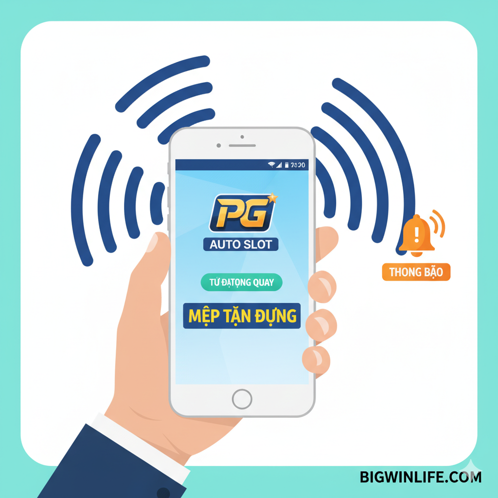 Hình ảnh minh họa cho phần 'Mẹo Tận Dụng'. Hình ảnh nên tập trung vào trải nghiệm di động (Mobile-First). Cấu trúc chính là một bàn tay đang cầm một chiếc điện thoại thông minh, màn hình hiển thị giao diện Bigwinlife (có thể là một giao diện dịch vụ đơn giản, sạch sẽ). Phía sau điện thoại là một mạng lưới sóng Wi-Fi mạnh mẽ và ổn định, cùng với một biểu tượng 'thông báo/Alert' đang bật sáng (đại diện cho việc cập nhật thông tin). Phong cách thiết kế phẳng (Flat Design) hoặc bán phẳng (Semi-Flat) với màu nền sáng, tạo cảm giác dễ sử dụng và hiện đại. Mục đích là truyền tải sự dễ dàng, nhanh chóng khi sử dụng dịch vụ Auto trên ứng dụng di động.