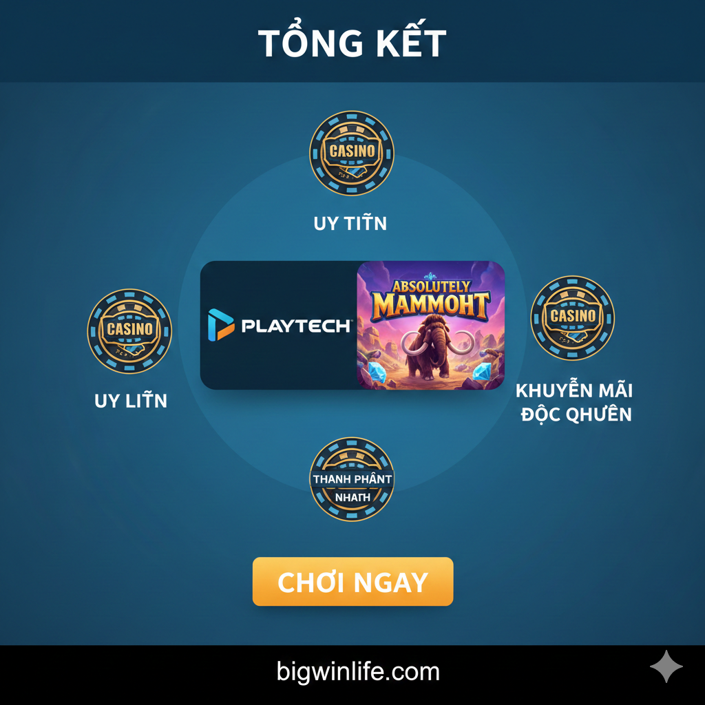 Hình ảnh tóm tắt vai trò của Playtech và Casino. Thể hiện biểu tượng game Absolutely Mammoth Power Play Slot nằm ở trung tâm của một giao diện Casino Online (ví dụ: trên máy tính hoặc điện thoại). Phía dưới có logo Playtech lớn và rõ ràng. Bầu không khí chuyên nghiệp, ánh sáng vàng ấm áp tượng trưng cho sòng bạc, xung quanh có các biểu tượng tiền xu vàng hoặc chip poker bay lượn, ám chỉ một nền tảng uy tín và đáng tin cậy để săn Jackpot.