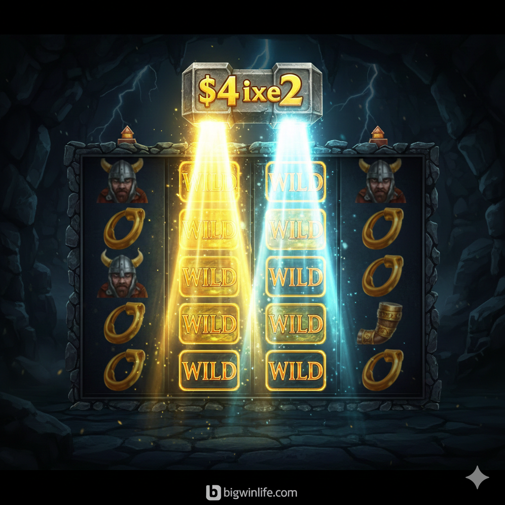 Ảnh chụp màn hình game Power of Thor Megaways tập trung làm nổi bật tính năng Búa Thần Thor (Hammer Feature) khi búa xuất hiện trên cuộn ngang thứ 7 và các ký hiệu bên dưới chuyển thành Wild.