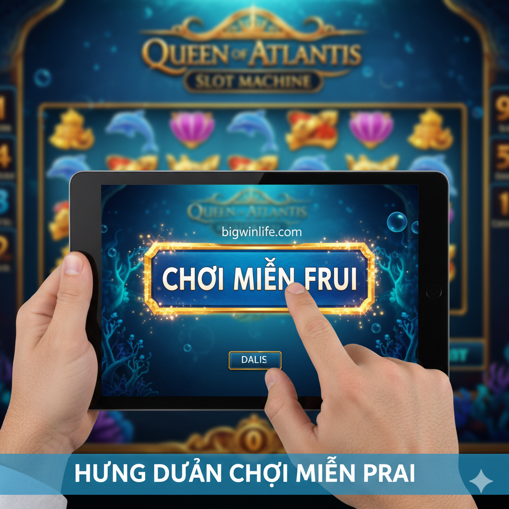 Ảnh minh họa phần Hướng dẫn chơi Miễn Phí (Demo). Thể hiện một người chơi (có thể là hình ảnh một bàn tay đang cầm điện thoại/máy tính bảng) đang chạm vào nút 'Play Demo' hoặc 'Chơi Miễn Phí' của game Queen of Atlantis. Nền ảnh là giao diện của trò chơi, nhưng được làm mờ nhẹ, với tiêu điểm là dòng chữ 'CHƠI MIỄN PHÍ' lớn ở trung tâm. Hình ảnh mang tính thân thiện, dễ tiếp cận, nhấn mạnh vào việc học hỏi kinh nghiệm không rủi ro.