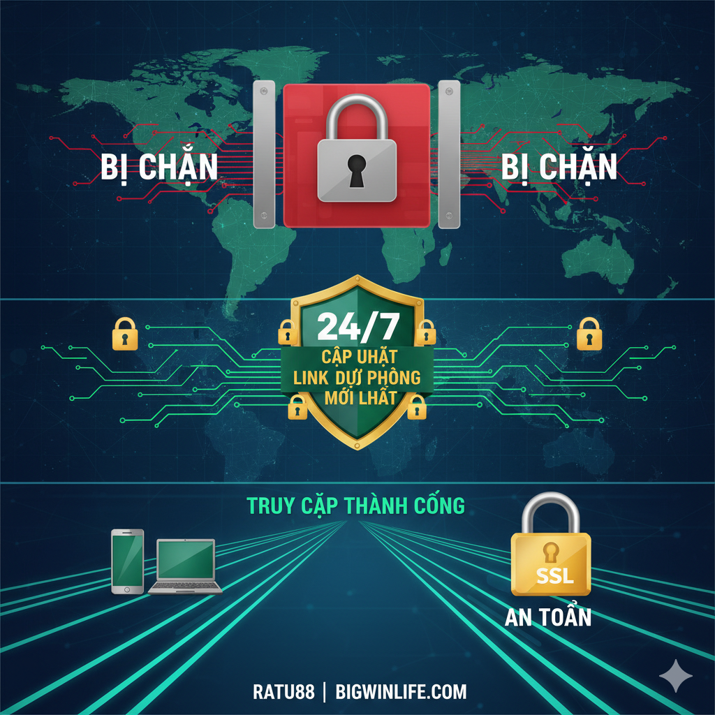 Hình ảnh tập trung vào tính năng “Link Dự Phòng” của Ratu88 và các tính năng bảo mật. Một biểu tượng rào chắn bị khóa (Blocked) nằm cạnh một luồng dữ liệu mạng màu xanh lá cây, không bị cản trở, dẫn đến một biểu tượng khóa SSL, có một tấm khiên mang dòng chữ “24/7”, làm nổi bật tính năng truy cập liên tục và bảo mật mã hóa.