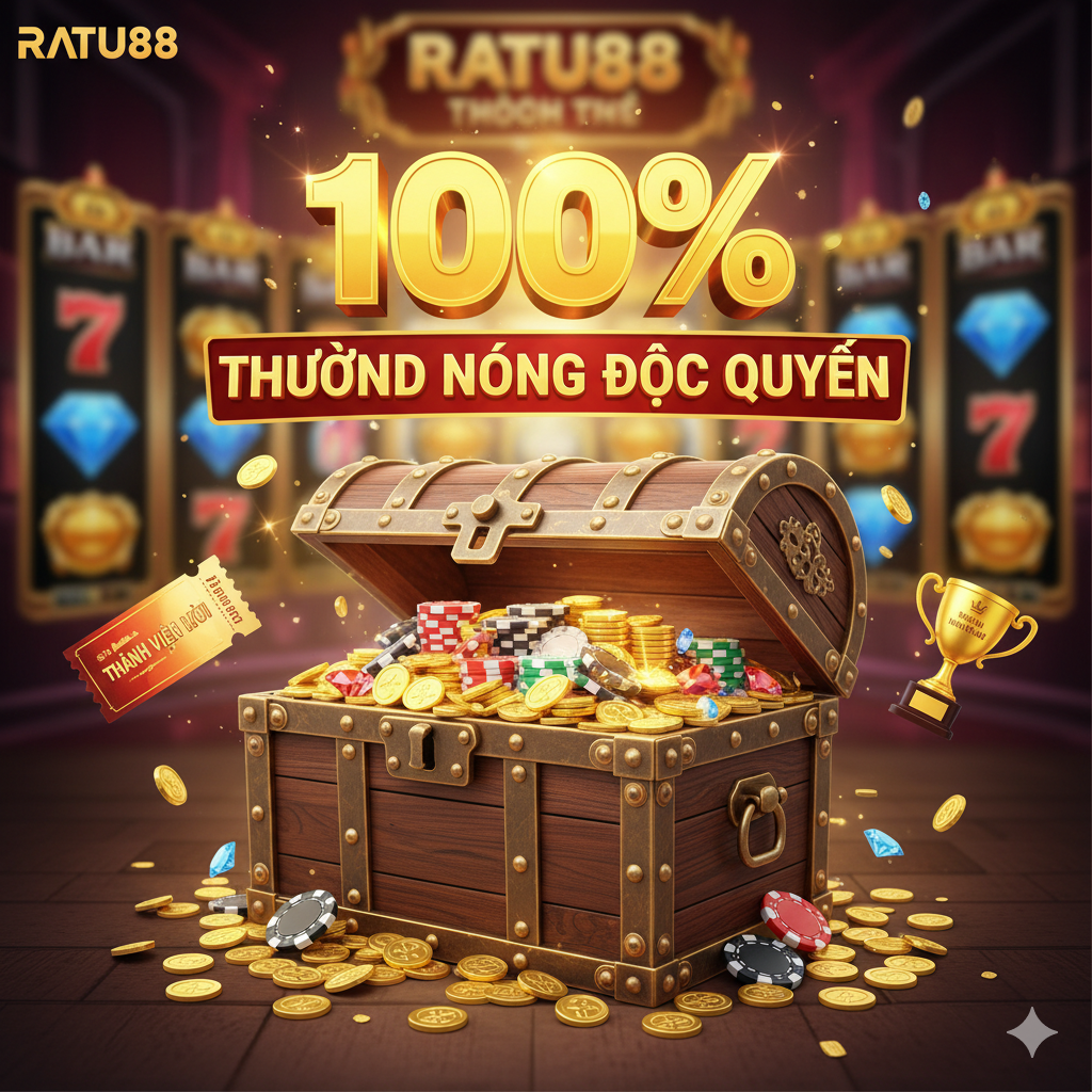 Hình ảnh tập trung vào ưu đãi "Thưởng Nóng" độc quyền 100%. Một chiếc rương kho báu lớn chứa đầy tiền vàng và chip, với biểu tượng “100%” nổi bật bên trên và dòng chữ “Độc Quyền”, nhằm thu hút sự chú ý đến những lợi ích dành cho “Thành Viên Mới”.