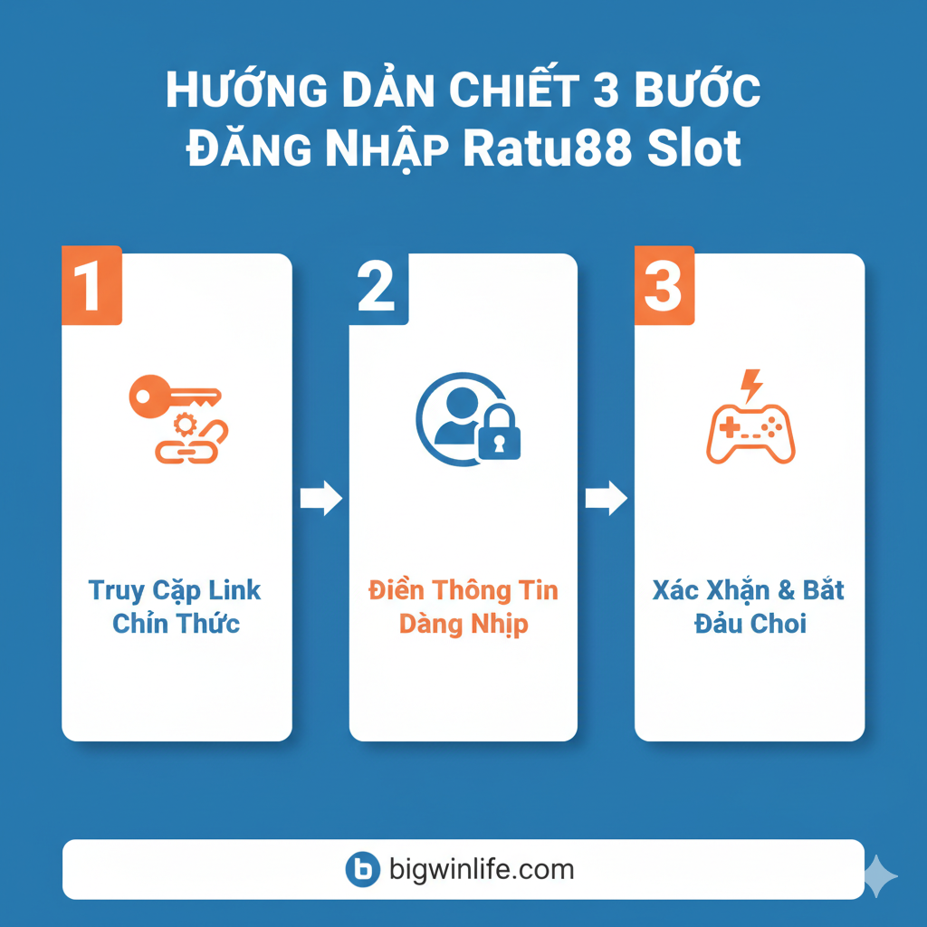 Sơ đồ thông tin (Infographic) 3 bước đơn giản: 1. Biểu tượng chìa khóa/liên kết (Truy Cập Link Chính Thức). 2. Biểu tượng đầu người và ổ khóa (Điền Thông Tin Đăng Nhập). 3. Biểu tượng tia chớp/tay cầm trò chơi (Xác Nhận & Bắt Đầu Chơi). Sơ đồ này nhằm làm nổi bật tính đơn giản của quy trình “Hướng Dẫn Chi Tiết 3 Bước Đăng Nhập Ratu88 Slot”.