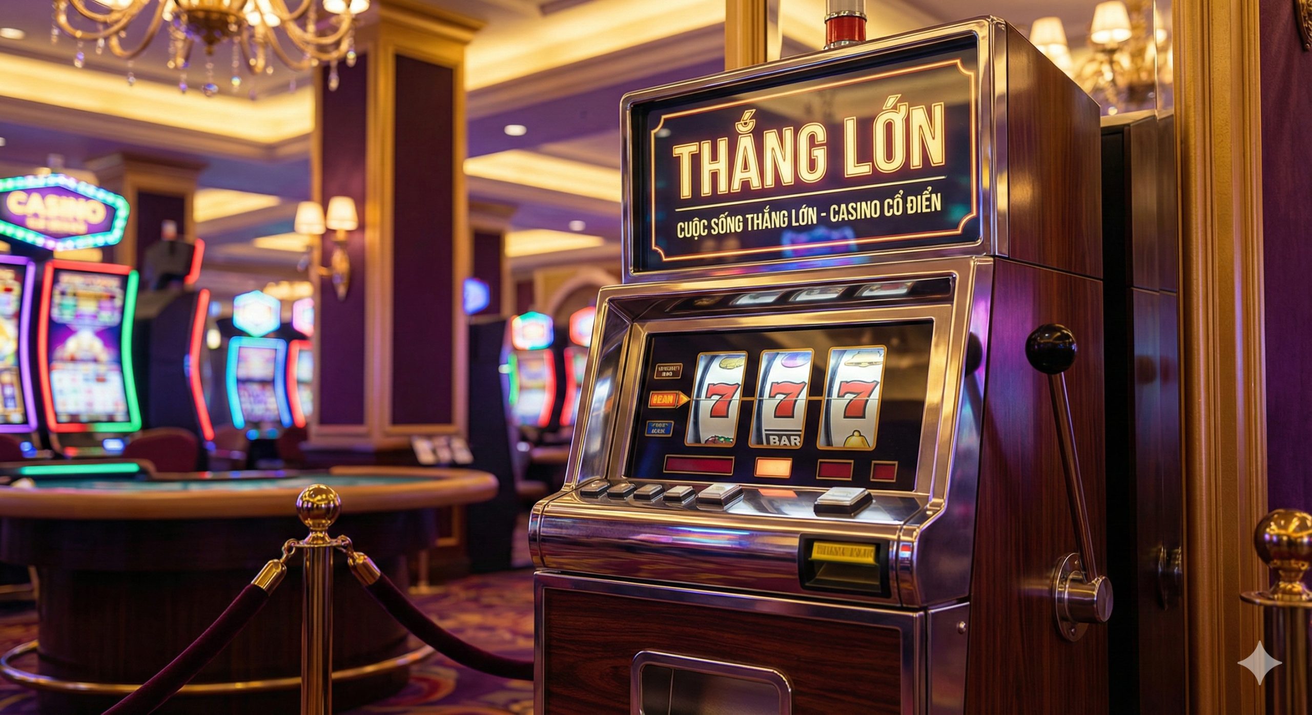 Một tấm hình có chất lượng cao về máy đánh bạc cổ điển (Retro Slot Machine) nằm trong sảnh sòng bạc sang trọng, với biểu tượng 'Big Win' phát sáng phía trên và cần gạt cơ học cổ điển. Ánh sáng neon mờ ảo với tông màu tím và vàng tạo nên bầu không khí hoài cổ và cao cấp của BigWinLife.