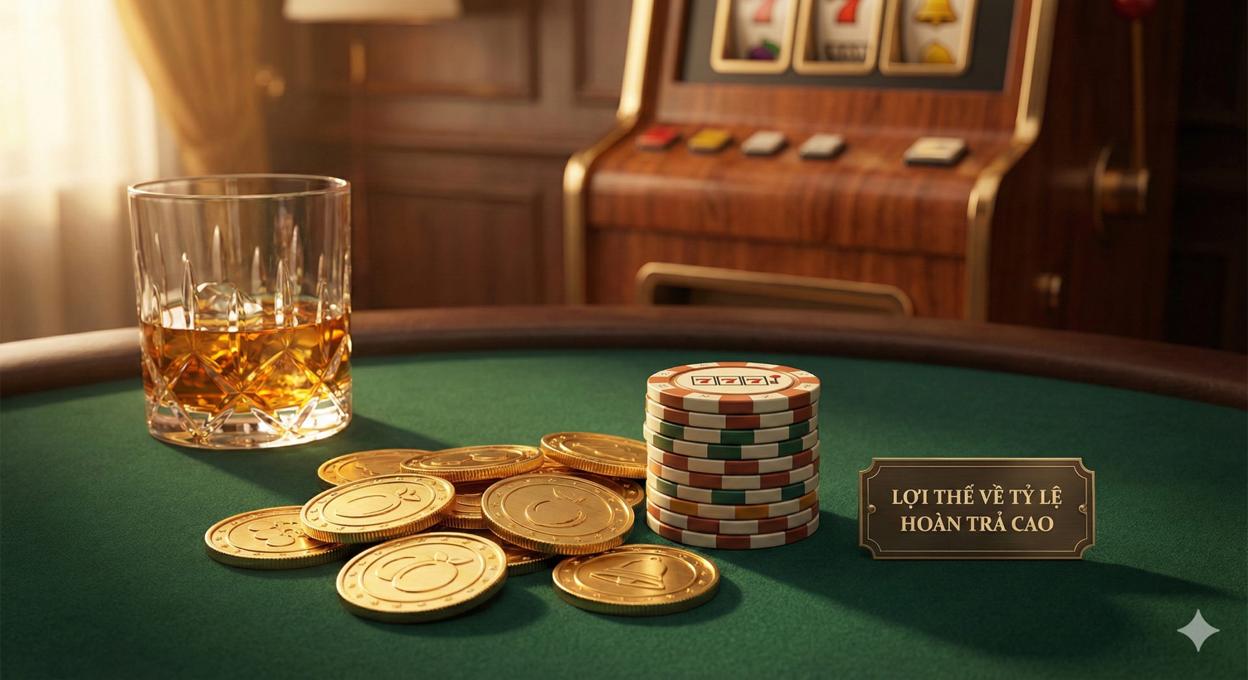 Hình minh họa khái niệm thương mại với chồng chip casino và tiền vàng in hình biểu tượng máy đánh bạc cổ điển bên cạnh ly rượu whisky, thể hiện lợi thế về 'tỷ lệ hoàn trả cao' và sự ổn định. Ánh sáng vàng ấm áp gợi lên cảm giác sang trọng và cơ hội thắng nhỏ liên tục tại BigWinLife.