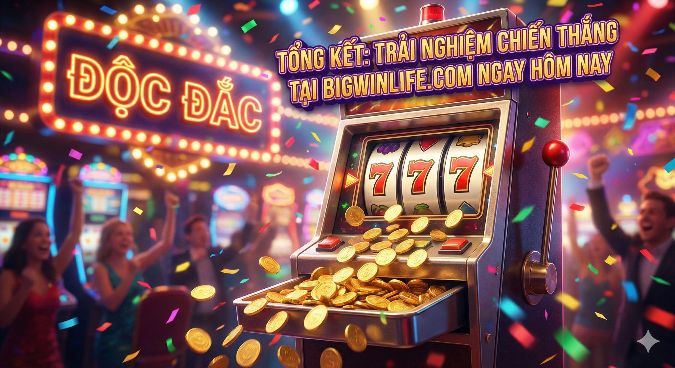 Hình ảnh ăn mừng chiến thắng Jackpot hoành tráng với tiền vàng tuôn ra như thác từ máy đánh bạc cổ điển, kết hợp pháo giấy và hiệu ứng đèn neon 'JACKPOT' rực rỡ. Bức ảnh truyền tải sự phấn khích tột độ, khuyến khích người chơi đăng ký BigWinLife ngay lập tức.