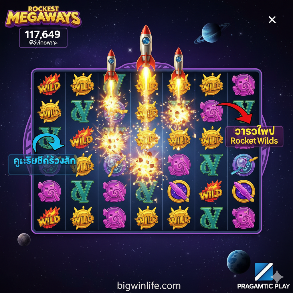 ภาพแสดงคุณสมบัติ Rocket Feature และ Megaways ของเกม Rocket Blast โดยเน้นที่สัญลักษณ์ Wilds และ Tumble Feature