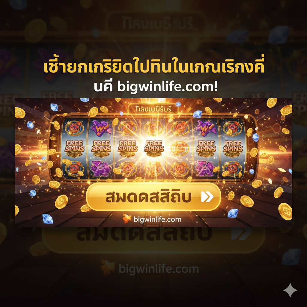 ภาพสรุปและ CTA ที่มีปุ่มลงทะเบียนขนาดใหญ่และภาพแสดงความตื่นเต้นของชัยชนะ เช่น Free Spins Big Win