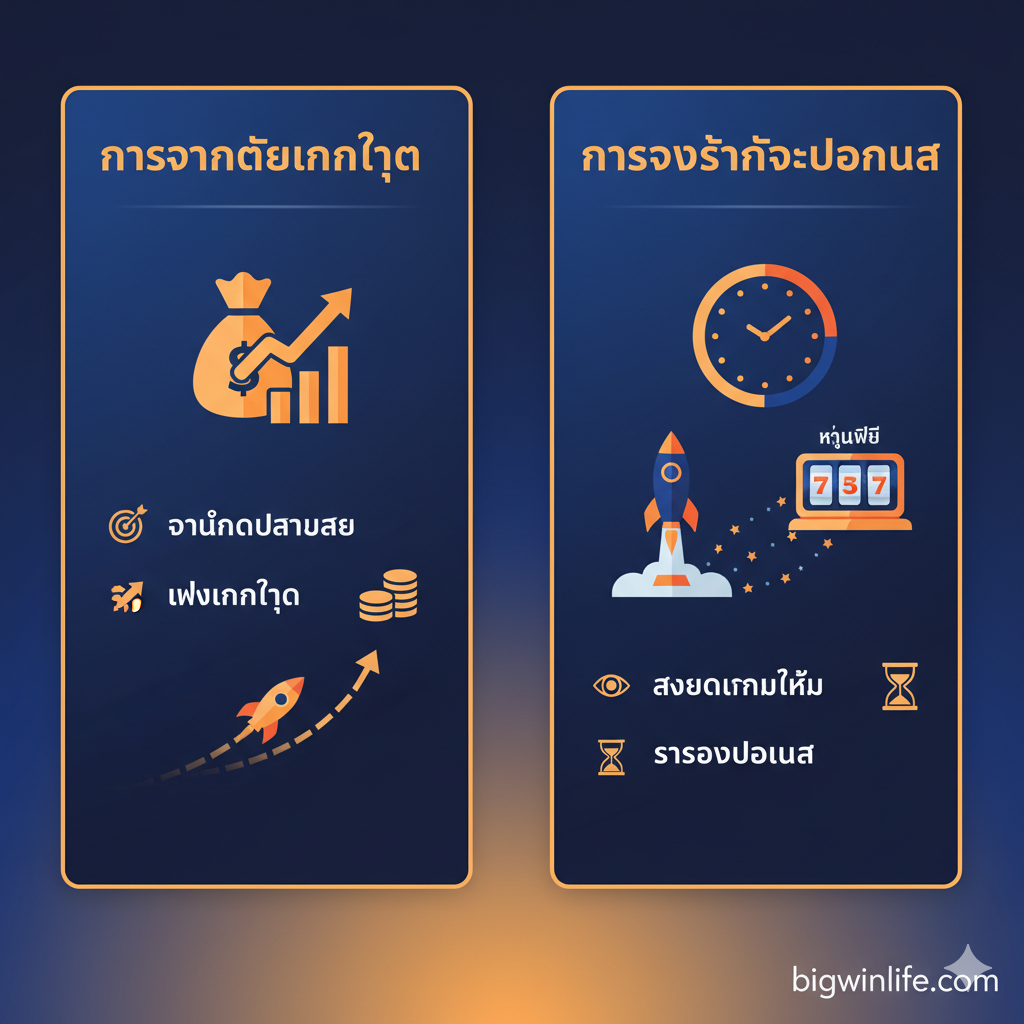 ภาพอินโฟกราฟิกแสดงกลยุทธ์การเล่น เช่น Bankroll Management และ Bonus Timing โดยใช้กราฟิกจรวดและนาฬิกา