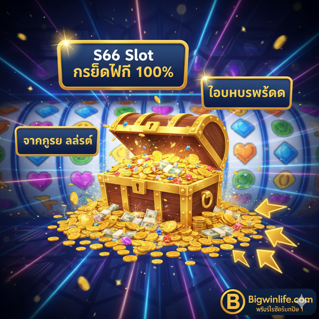 ภาพกล่องสมบัติที่มีเหรียญทองและอัญมณีล้อมรอบด้วยป้าย 'S66 Slot เครดิตฟรี 100%' และ 'แตกง่าย ล่าสุด' พร้อมโลโก้ Bigwinlife.com