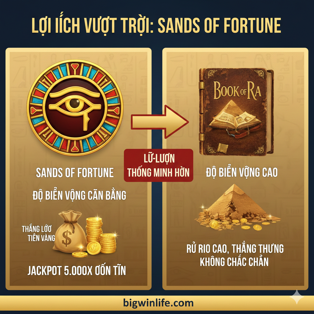 Hình ảnh minh họa lợi thế của Sands of Fortune khi so sánh với các slot Ai Cập khác. Chia hình ảnh thành hai hoặc ba phần rõ ràng. Một phần là biểu tượng hoặc hình ảnh thu nhỏ của Sands of Fortune (Eyecon) với nhãn 'BALANCED VOLATILITY' (Biến động cân bằng). Phần còn lại có thể là một biểu tượng đối thủ (ví dụ: Book of Ra) với nhãn 'HIGH VOLATILITY' (Biến động cao). Sử dụng hình ảnh tượng trưng của vàng bạc hoặc Kim Tự Tháp để đại diện cho chiến thắng, nhấn mạnh rằng Sands of Fortune là lựa chọn ổn định cho Jackpot 5.000x.