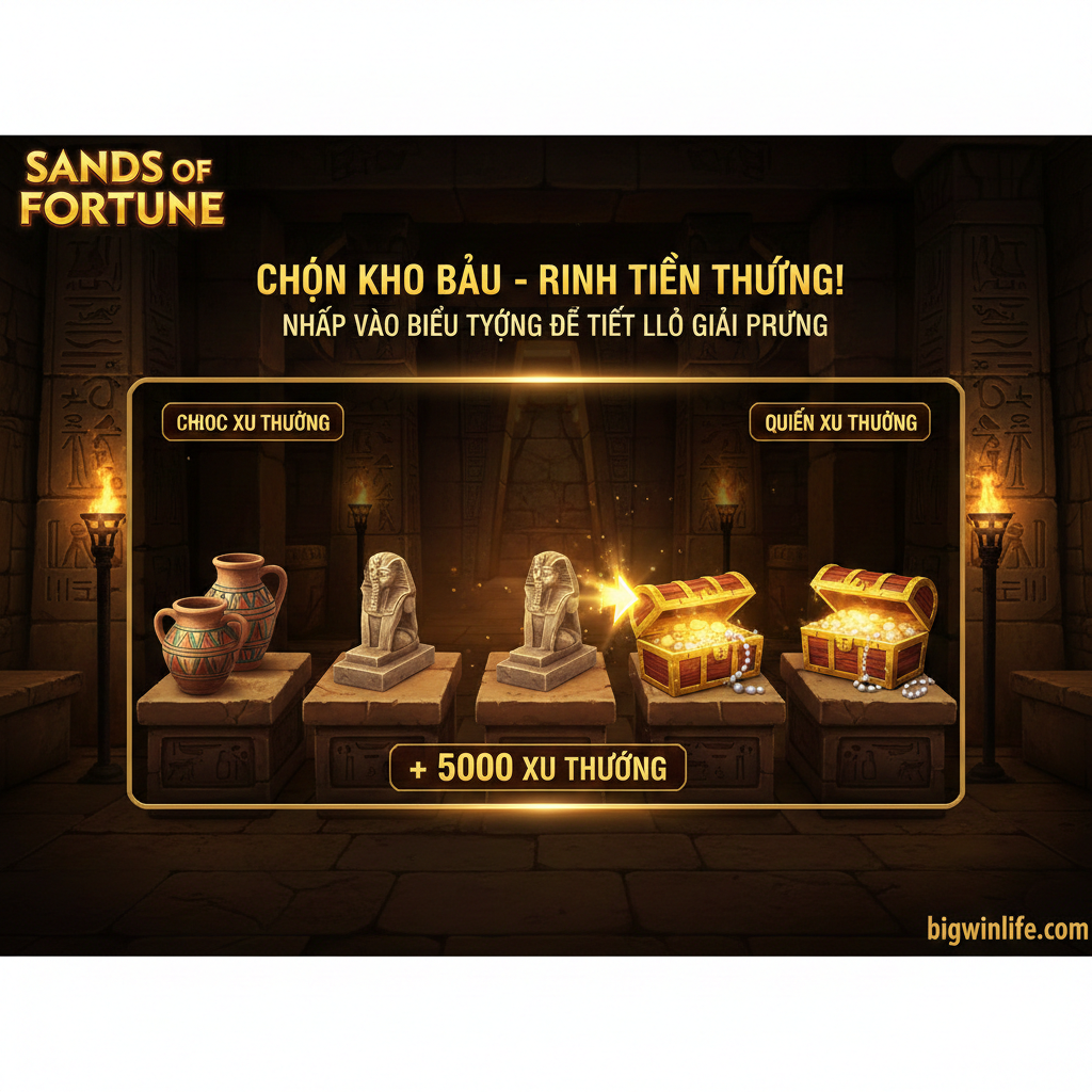Hình ảnh tập trung làm nổi bật tính năng Pick-Me Bonus (Vòng Quay Bonus) độc đáo của game. Thể hiện một màn hình phụ (hoặc một phần mở rộng) nơi người chơi đang được yêu cầu 'chọn' các biểu tượng kho báu (ví dụ: bình gốm, tượng Pharaoh nhỏ, rương vàng) để tiết lộ giải thưởng tiền mặt. Sử dụng tông màu tối, huyền bí hơn so với ảnh bìa, tạo cảm giác khám phá lăng mộ. Ánh sáng vàng nên chiếu vào các vật phẩm có thể chọn, nhấn mạnh sự 'tương tác' và tiềm năng thắng lớn của tính năng này.