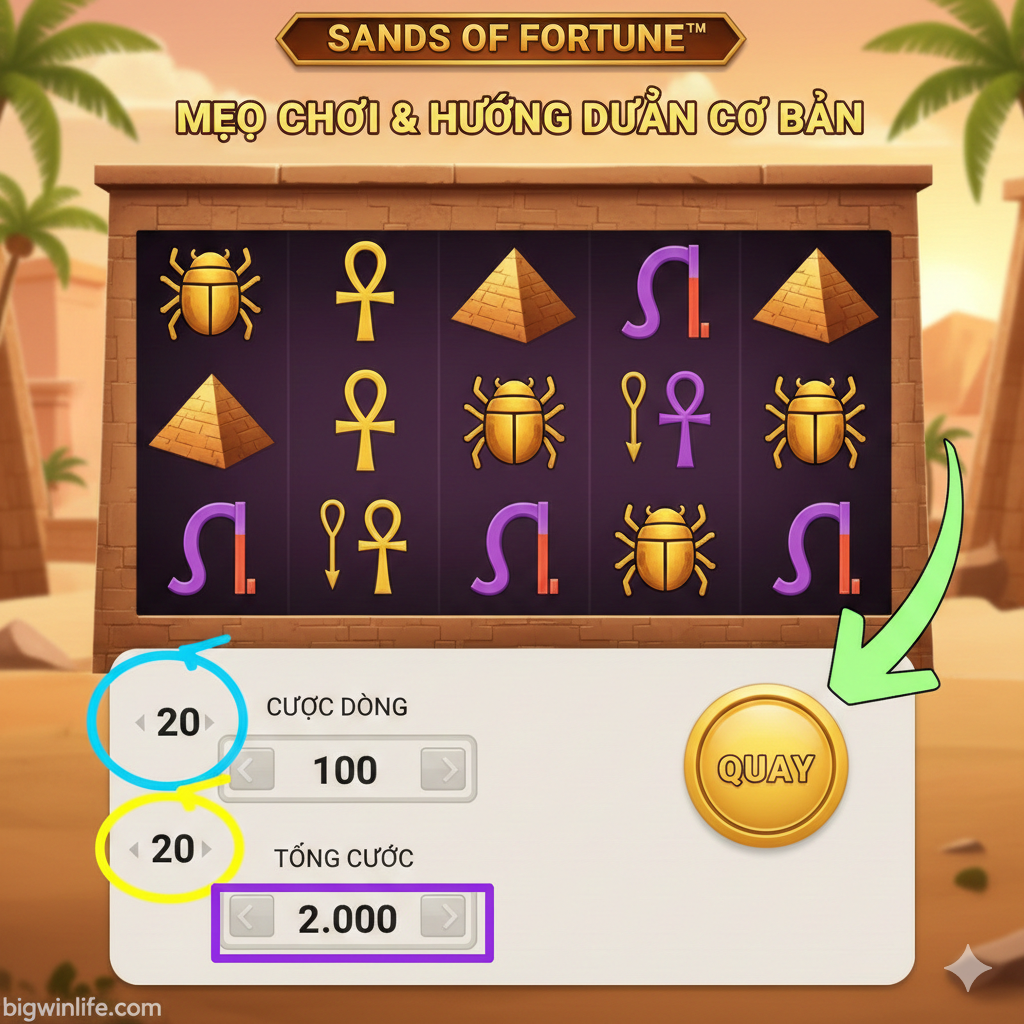 Một ảnh chụp màn hình game (screenshot) rõ ràng, mang tính hướng dẫn về giao diện và cách đặt cược cơ bản. Hiển thị guồng quay 5x3 với các biểu tượng Ai Cập. Đặc biệt, nên làm nổi bật các nút quan trọng: nút 'SPIN', khu vực hiển thị 'LINE BET' (Cược mỗi dòng) và 'LINES' (Số dòng thanh toán), và hiển thị 'TOTAL BET' (Tổng cược). Sử dụng các mũi tên hoặc vòng tròn đơn giản, màu sắc tươi sáng để chỉ dẫn người chơi về cách điều chỉnh cược. Phong cách sạch sẽ, dễ nhìn, phù hợp với mục đích hướng dẫn luật chơi đơn giản.