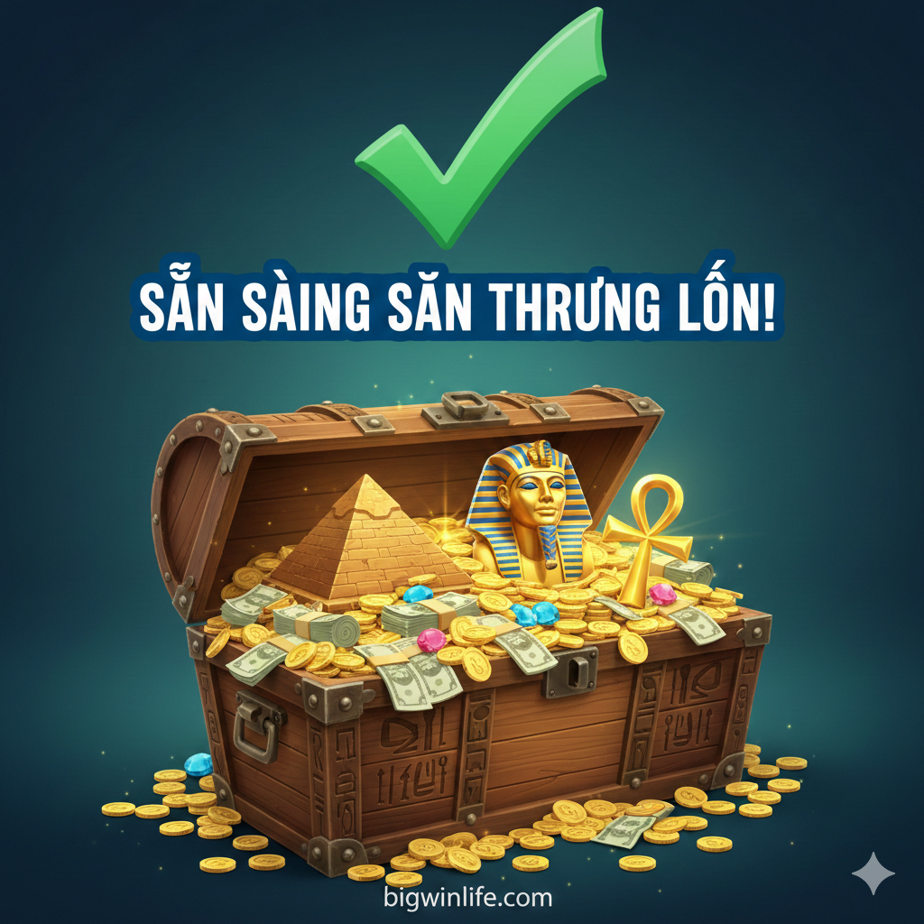 Hình ảnh tổng kết mang tính chất khuyến nghị. Thể hiện một chiếc rương kho báu lớn đang mở ra, tràn ngập tiền vàng và các biểu tượng quan trọng của Sands of Fortune (Kim Tự Tháp, Pharaoh, Ankh). Phía trên rương là một dấu 'CHECK MARK' lớn màu xanh lá cây và dòng chữ nổi bật 'SANDS OF FORTUNE: A GOOD CHOICE!' hoặc 'Sẵn Sàng Săn Thưởng Lớn!'. Tổng thể hình ảnh nên có sự kết hợp giữa sự phong phú của kho báu và một tông màu tin cậy, chuyên nghiệp (như màu xanh dương/xanh lá cây của bigwinlife.com) để tạo cảm giác chốt lại đánh giá tích cực.