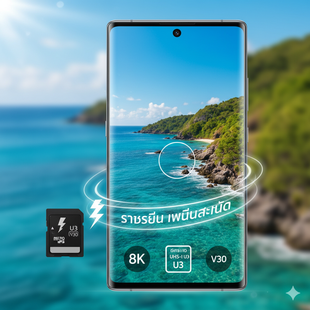 ภาพเน้นข้อได้เปรียบ (Advantage) ของการ์ด SD ความเร็วสูงสำหรับการถ่ายวิดีโอ 4K/8K แสดงภาพ Note 20 Ultra กำลังบันทึกวิดีโอ 8K โดยมีหน้าจอแสดงผลวิวที่มีสีสันจัดจ้าน (เช่น ภาพทะเลหรือธรรมชาติ) พร้อมไอคอน '8K' และ 'UHS-I U3' หรือ 'V30' แสดงอยู่ด้านล่างของโทรศัพท์ แสดงผลลัพธ์ที่ราบรื่นและไม่มีสะดุด (No Lag/Smooth) ด้านข้างอาจมี MicroSD Card ที่มีสัญลักษณ์ U3/V30 วางอยู่ เน้นความเร็วและประสิทธิภาพในการจัดเก็บไฟล์ขนาดใหญ่เป็นพิเศษ