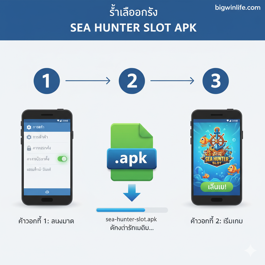 一张吸引สายตาของภาพปก,หัวข้อคือ “Sea Hunter Slot APK ดาวน์โหลด” ภาพตรงกลางแสดงฉากทะเลที่มีชีวิตชีวา เน้นความตื่นเต้นของการล่าปลาหรือการล่าสมบัติ องค์ประกอบหลักคือป้าย "Sea Hunter" หรือ "ยิงปลา" ที่มีสไตล์ขนาดใหญ่และไอคอนหรือปุ่ม "APK ดาวน์โหลด" ที่โดดเด่น สีหลักคือสีน้ำเงินทะเลลึก สีเขียวมรกต และสีทอง (ซึ่งแสดงถึงความมั่งคั่ง/รางวัล) พื้นหลังมีฟองอากาศและแนวปะการัง สไตล์โดยรวมควรเป็นสไตล์โมเดิร์นและเกมที่มีชีวิตชีวา และเพิ่มโลโก้แบรนด์ "bigwinlife.com" เล็กน้อยที่มุมหรือด้านล่างอย่างมีกลยุทธ์
