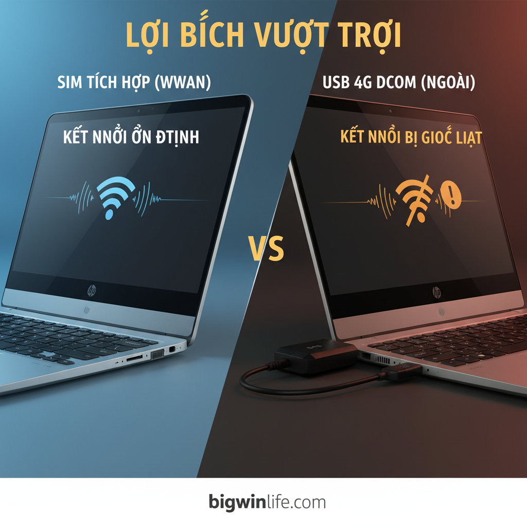 Hình ảnh so sánh lợi thế thẩm mỹ của SIM tích hợp (WWAN) so với việc sử dụng USB 4G dongle bên ngoài máy tính xách tay HP