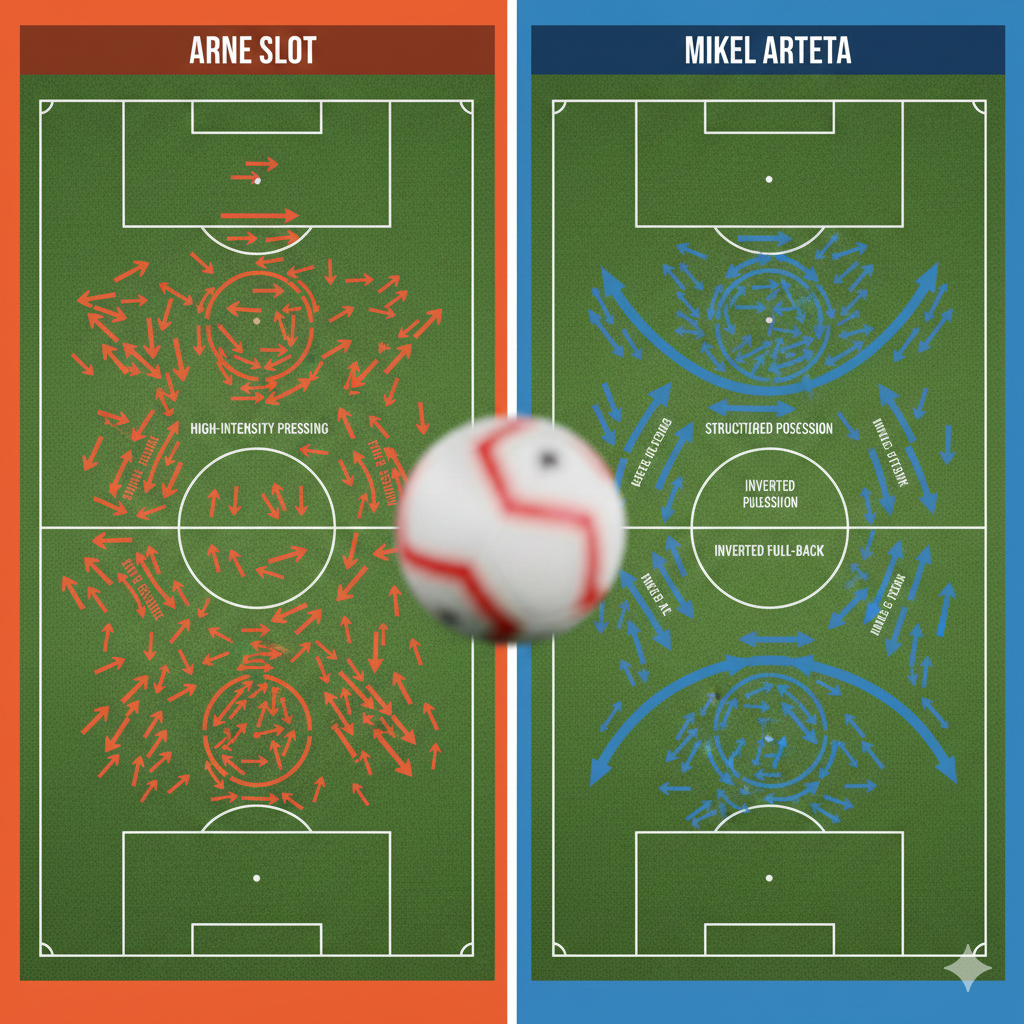 Hình ảnh minh họa cho phần so sánh chuyên môn sâu về triết lý và chiến thuật. Sử dụng phong cách đồ họa dữ liệu (data visualization) chuyên nghiệp, tương tự bảng phân tích Xg & PPDA. Bố cục là một màn hình chiến thuật (tactical board) hoặc một infographic chia làm hai cột rõ ràng. Cột bên trái màu đỏ-vàng (Slot/Liverpool) với các từ khóa: 'Gegenpressing', 'Total Football', 'Tốc độ', '4-3-3'. Cột bên phải màu đỏ-trắng (Arteta/Arsenal) với các từ khóa: 'Positional Play', 'Build-up', 'Kiểm soát', '4-2-3-1'. Giữa hai cột là một mũi tên so sánh lớn. Tổng thể phải mang tính kỹ thuật, sắc nét, thể hiện sự phân tích sâu. (Sử dụng các biểu tượng chiến thuật/mũi tên trên sân bóng).