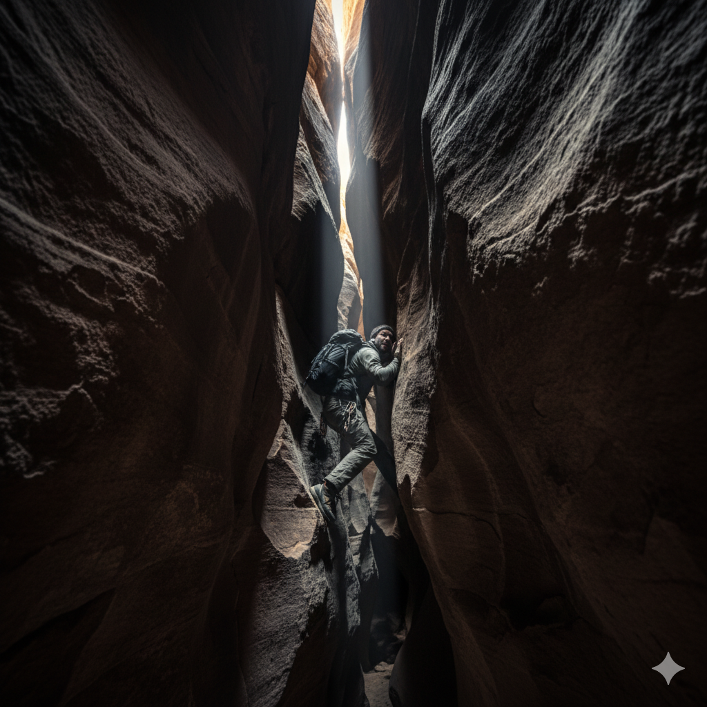 Ảnh minh họa cho sự so sánh 'Hall of Horrors' và 'Chasm of Doom' và nhấn mạnh 'thử thách' (Big Win). Hình ảnh thể hiện một khe núi khe CỰC KỲ hẹp, tối và khó khăn hơn, có thể là Chasm of Doom (hoặc một đoạn khó nhất của Hall of Horrors). Người trong ảnh đang phải xoay người, co người lại để lách qua một điểm thắt cực kỳ chật. Ánh sáng chỉ đủ le lói từ trên cao. Bố cục tập trung vào độ khó và thách thức. Màu sắc tối, tương phản cao để tạo cảm giác hồi hộp, mạo hiểm, nhưng vẫn có yếu tố 'thành công' khi người đó đang cố gắng vượt qua. Thể hiện sự 'mạo hiểm có kiểm soát' và 'Big Win' khi chinh phục.