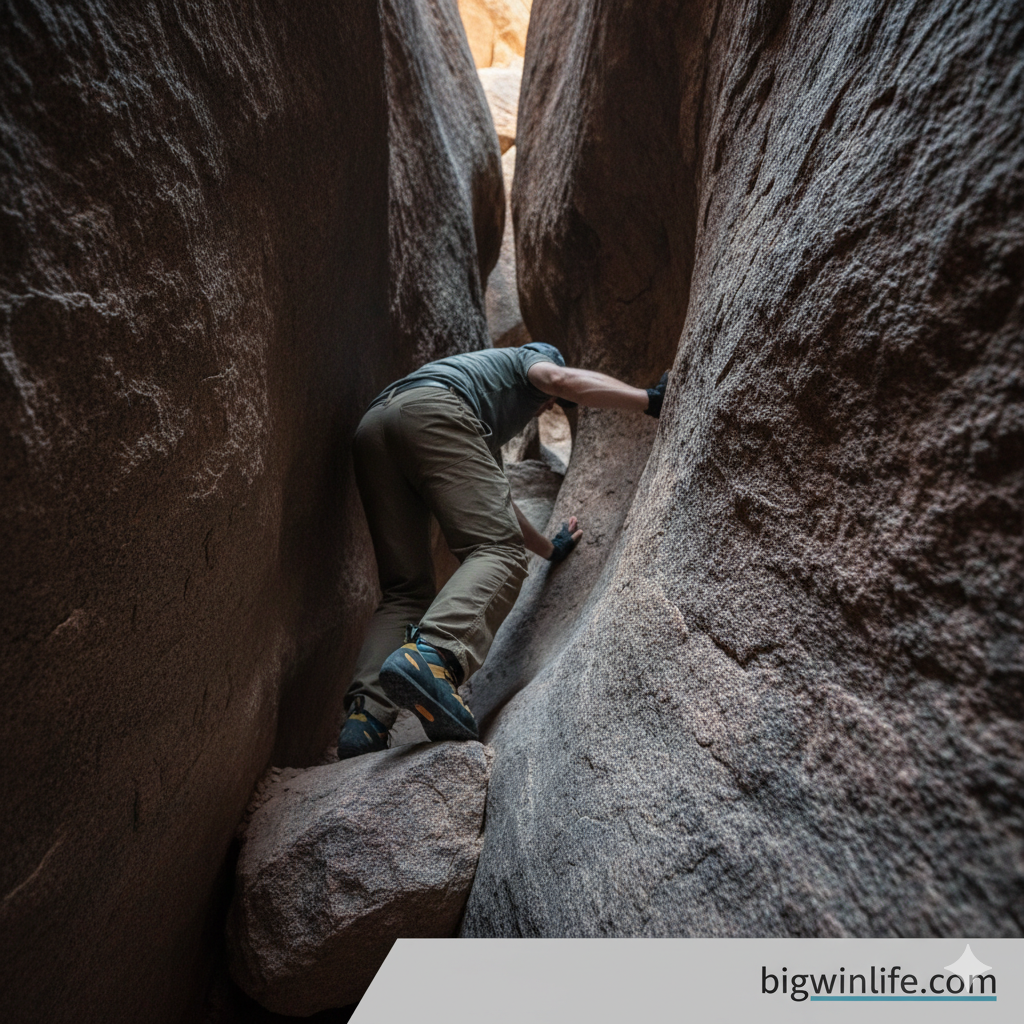 Ảnh minh họa cho hành động 'scrambling' (leo trèo nhẹ) bên trong khe núi. Hình ảnh một phần thân người (chân và tay có đeo găng tay) đang bám vào vách đá gồ ghề để vượt qua một đoạn dốc hoặc chướng ngại vật nhỏ bên trong Hall of Horrors. Màu sắc tập trung vào tông đất, nâu và xám của đá granite. Ánh sáng khuất tán, hơi tối, tạo cảm giác khám phá bên trong lòng đất. Bố cục cận cảnh hành động để làm nổi bật sự cần thiết của kỹ năng và trang bị (găng tay, giày bám dính). Khung cảnh phải thể hiện rõ đây là hoạt động leo trèo trong hẻm núi khe hẹp.