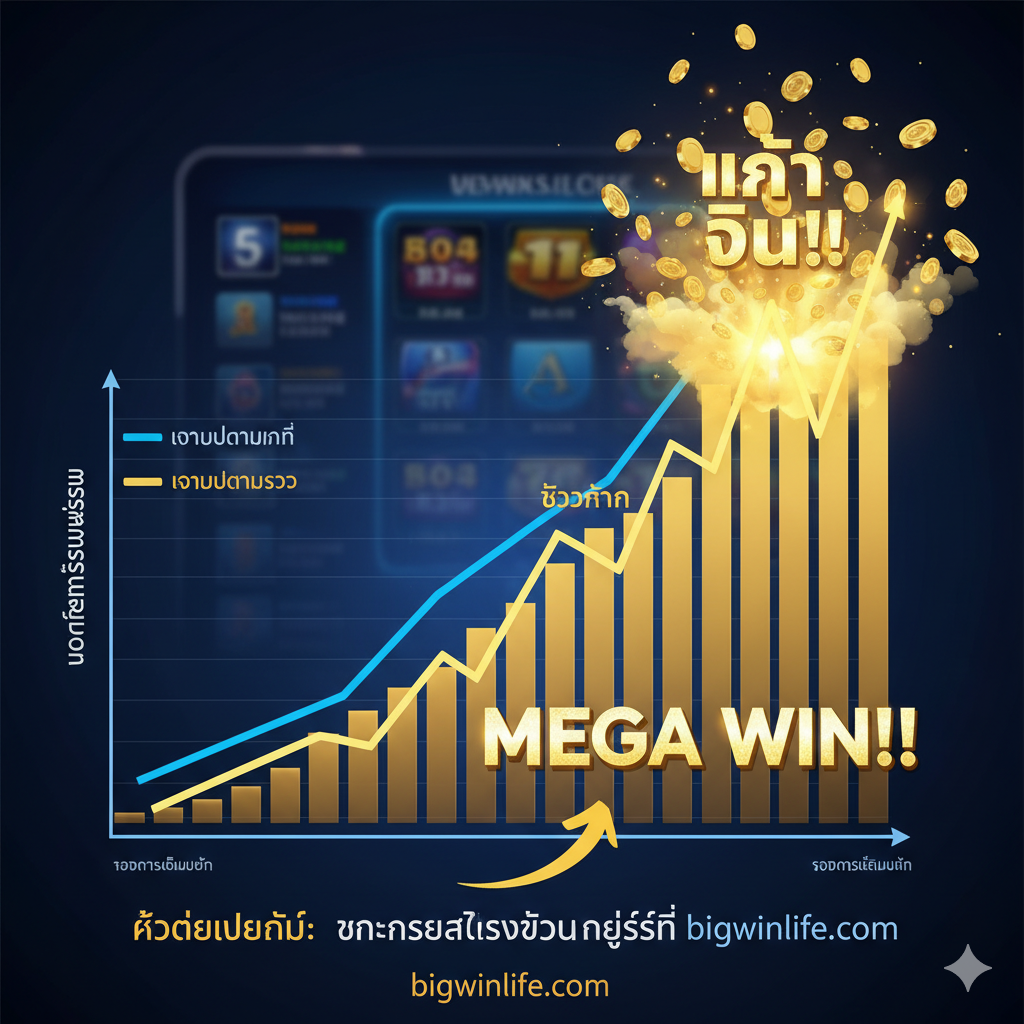 优势图，用来展示根据Slot Cycle调整投注的收益。图片应是一个动态的折线图或条形图，显示两种投注策略的对比：一种是平稳的低投注（收益曲线平缓），另一种是根据周期调整的投注（收益曲线在Hot Period时急剧上升，形成一个山峰）。在收益高峰处，用爆炸性的金色硬币和“MEGA WIN”的泰文字体强调成功。强调这是在bigwinlife.com上通过策略赢得高额回报的优势。