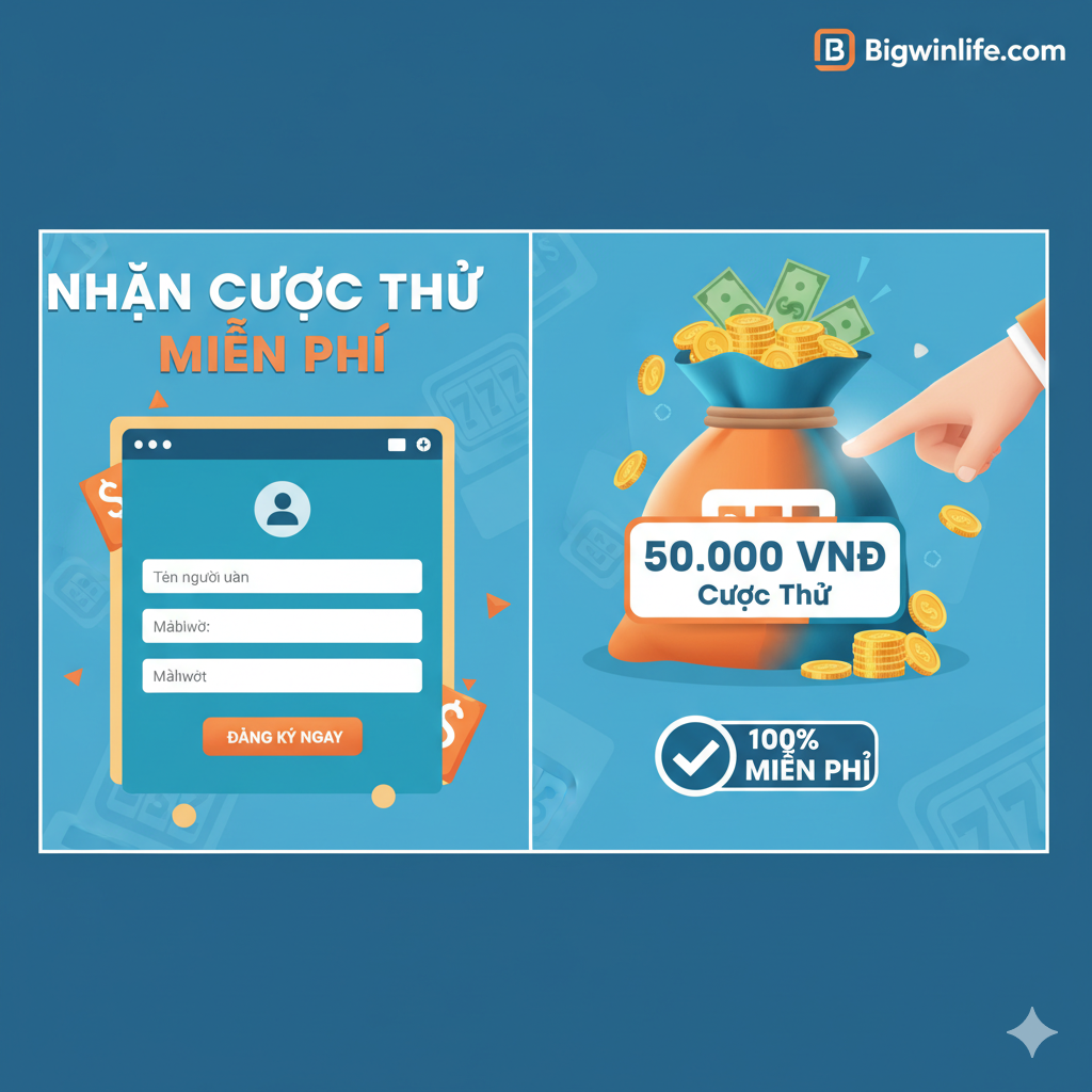Hình ảnh minh họa tính năng 'Freebet không cần nạp' (Slot Gratis Freebet No Deposit). Bố cục chia đôi: một bên là giao diện đăng ký tài khoản đơn giản (nhấn mạnh nút 'Đăng Ký' hoặc 'Register'), bên còn lại là một bàn tay ảo (hoặc mũi tên) đang chỉ vào một túi tiền/ví tiền điện tử chứa đầy tiền (Money Bag) với nhãn '50K Freebet' hoặc 'Tiền Cược Miễn Phí'. Phong cách hiện đại, màu xanh dương và cam (hoặc màu thương hiệu Bigwinlife) để thể hiện sự tin cậy và tiện lợi. Thêm icon '100% Free' hoặc 'Không rủi ro'.