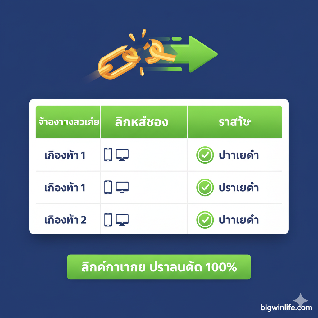 ภาพประกอบส่วนตารางลิงก์สำรอง (Link Alternatif) สไตล์อินโฟกราฟิกที่สะอาดตาและเน้นข้อมูล. พื้นหลังสีเข้มตัดกับตารางสีสว่างที่มีไฮไลท์สีเขียวสดใส แสดงถึง 'สถานะใช้งานได้ (🟢)'. มีไอคอนเล็กๆ ของมือถือและคอมพิวเตอร์เพื่อสื่อถึงการเข้าถึงบนทุกอุปกรณ์. องค์ประกอบสำคัญคือโซ่ที่ขาดออกจากกันและลูกศรพุ่งทะลุไปข้างหน้า สื่อถึงการทำลายการบล็อกและการเข้าสู่เว็บไซต์อย่างรวดเร็ว (Speed/Stability). มีข้อความเน้นย้ำ 'ลิงก์ทางการ ใช้งานได้ 100%' เพื่อเพิ่มความน่าเชื่อถือ.