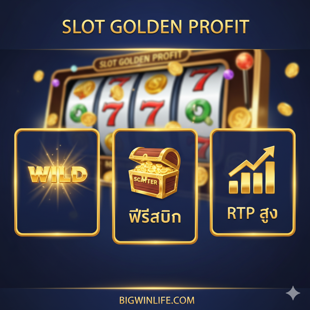 一张信息图表风格的图片,用于展示“Slot Golden Profit”的核心功能。背景是游戏界面的模糊 stylized 视图。前景是三个清晰的金色边框区域,分别展示:一个发光的 “WILD” 符号图标、一个 “SCATTER” 符号图标(旁边标注泰语 “ฟรีสปิน” - 免费旋转),以及一个向上的条形图图标(标注 “RTP สูง” - 高 RTP)。构图均衡,信息清晰,使用金色、白色และ深蓝色调,传达专业และสูง价值感。