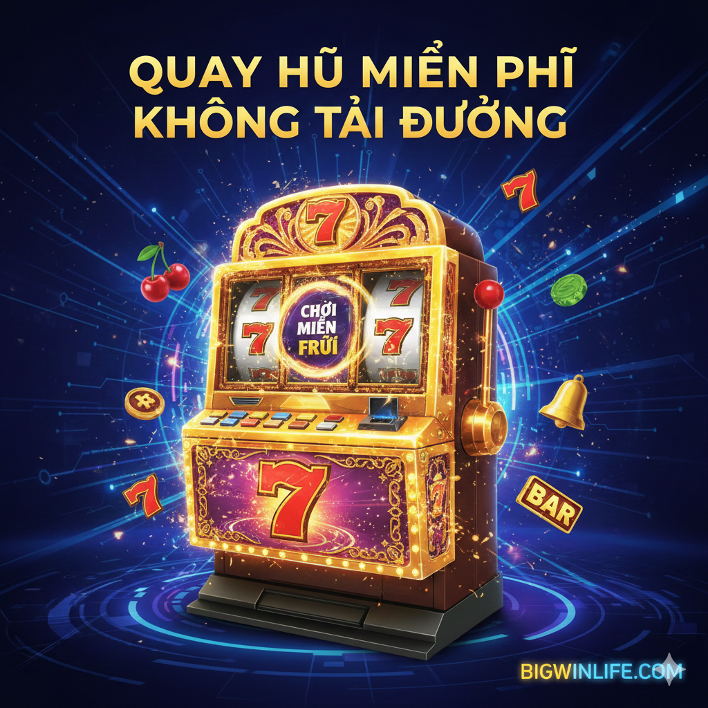 Hình ảnh minh họa rõ ràng tính năng 'Không Cần Tải Xuống' (No Download) và 'Chơi Ngay Lập Tức' (Instant Play). Bố cục chia đôi: một bên là một chiếc điện thoại thông minh (smartphone) và một chiếc máy tính xách tay (laptop) đang hiển thị cùng một giao diện trò chơi slot rực rỡ. Phía trên có một biểu tượng đám mây (Cloud) hoặc một mũi tên chỉ từ thiết bị trực tiếp vào trò chơi (Browser Play), với một dấu X lớn gạch chéo qua biểu tượng mũi tên Tải xuống (Download Arrow). Màu sắc tươi sáng, năng động, tập trung vào công nghệ HTML5 và tính đa nền tảng. Nhấn mạnh sự tiện lợi, tốc độ tải nhanh và khả năng tương thích với mọi trình duyệt (Chrome, Safari, Firefox).