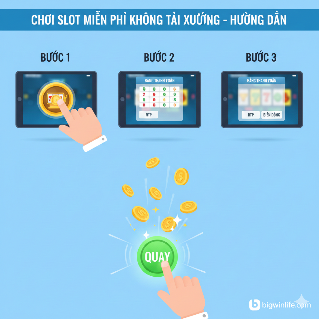 Hình ảnh hướng dẫn trực quan '3 Bước Bắt Đầu Chơi'. Sử dụng infographic đơn giản, hiện đại với ba hộp số đánh dấu (1, 2, 3) theo chiều ngang hoặc dọc. Bước 1: Icon Kính lúp (tìm kiếm) và danh sách game thu nhỏ. Bước 2: Icon Mũi tên (Click) chỉ vào một thumbnail game bắt mắt. Bước 3: Icon Máy đánh bạc ảo với nút SPIN đang được nhấn. Các bước được kết nối bằng mũi tên trôi chảy, sử dụng màu nền đơn sắc (ví dụ: xanh dương hoặc tím) và màu icon tương phản (trắng hoặc vàng) để tạo độ rõ nét. Giao diện trực quan, thân thiện, mang lại cảm giác dễ dàng và nhanh chóng.
