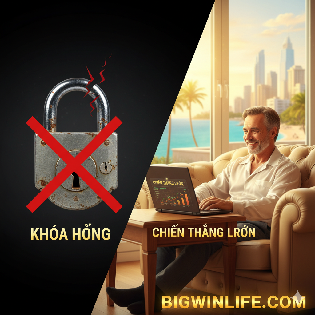 此图侧重于“Big Win Life”的概念优势。画面构图应是对比和愿景展示：左侧（代表“Khóa Hỏng”）是一个被打上“X”或破碎符号的普通旧锁；右侧（代表“Bigwinlife.com”）是一个抽象的财富与自由的场景。这个场景可以是一个人舒适地坐在豪华沙发上，旁边放着笔记本电脑，屏幕显示游戏胜利，背景是开阔的海岸线或城市景观，象征着通过“Big Win”获得的财务自由和放松。色调温暖、积极、充满希望，强调“解脱压力”和“改变生活”的优势。