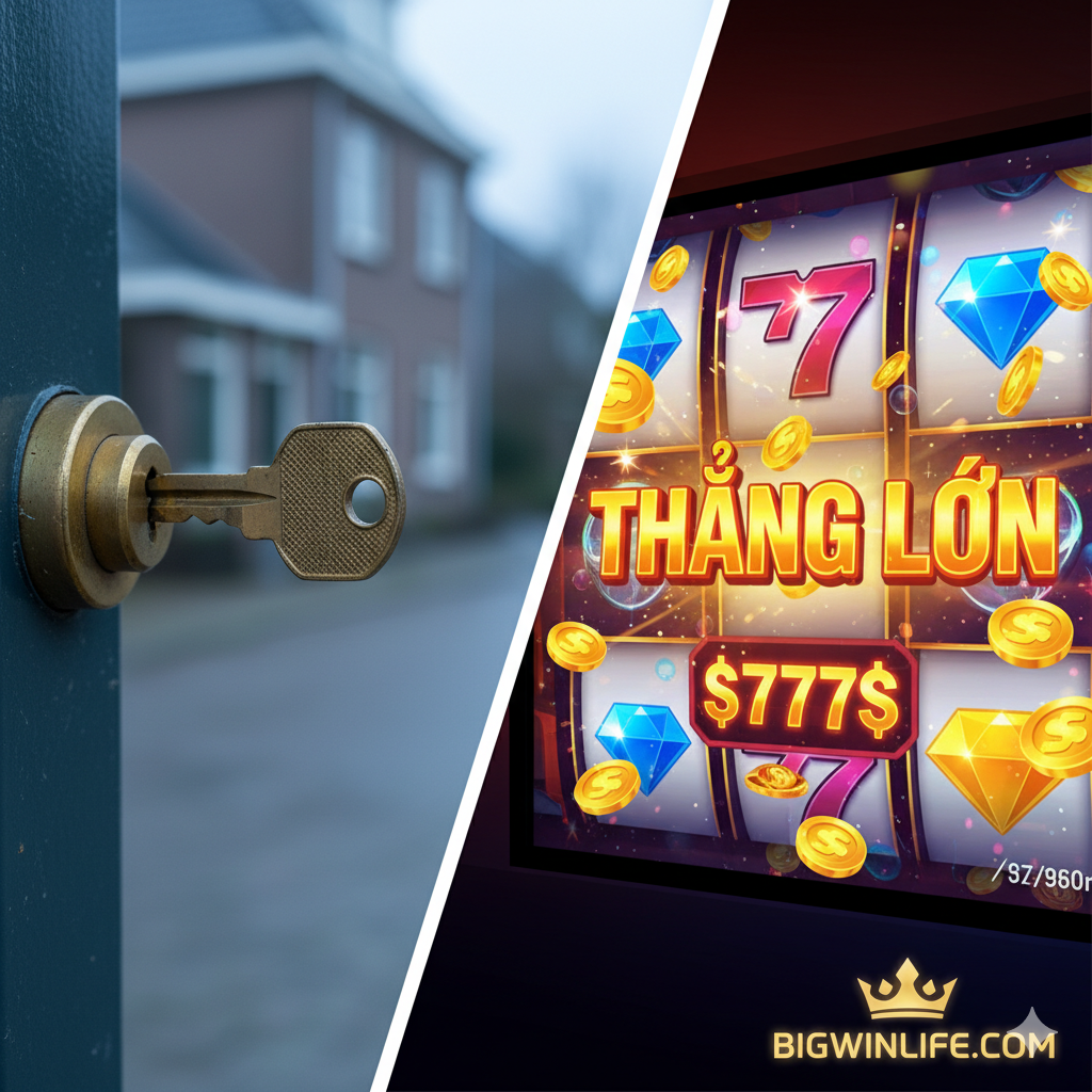 图片设计为一个醒 mục 的分割画面（split screen），左侧（代表“slot kapot bussum”）展示一个特写镜头：一把被卡住或折断的钥匙插在一个欧洲风格的黄铜色老式门锁（cilinder slot）中，背景模糊可见荷兰布瑟姆（Bussum）的安静街道或住宅入口，色调偏冷或略带焦虑感。右侧（代表“Bigwinlife.com”）则展示一个充满活力、色彩鲜艳的在线老虎机（Slot Game）界面特写，屏幕上显示巨大的“BIG WIN”字样、闪烁的金币符号（如$777$或钻石），以及网站Logo/品牌元素。构图对比强烈，左侧严肃，右侧欢快，视觉上实现从“锁”到“游戏”的巧妙转换。