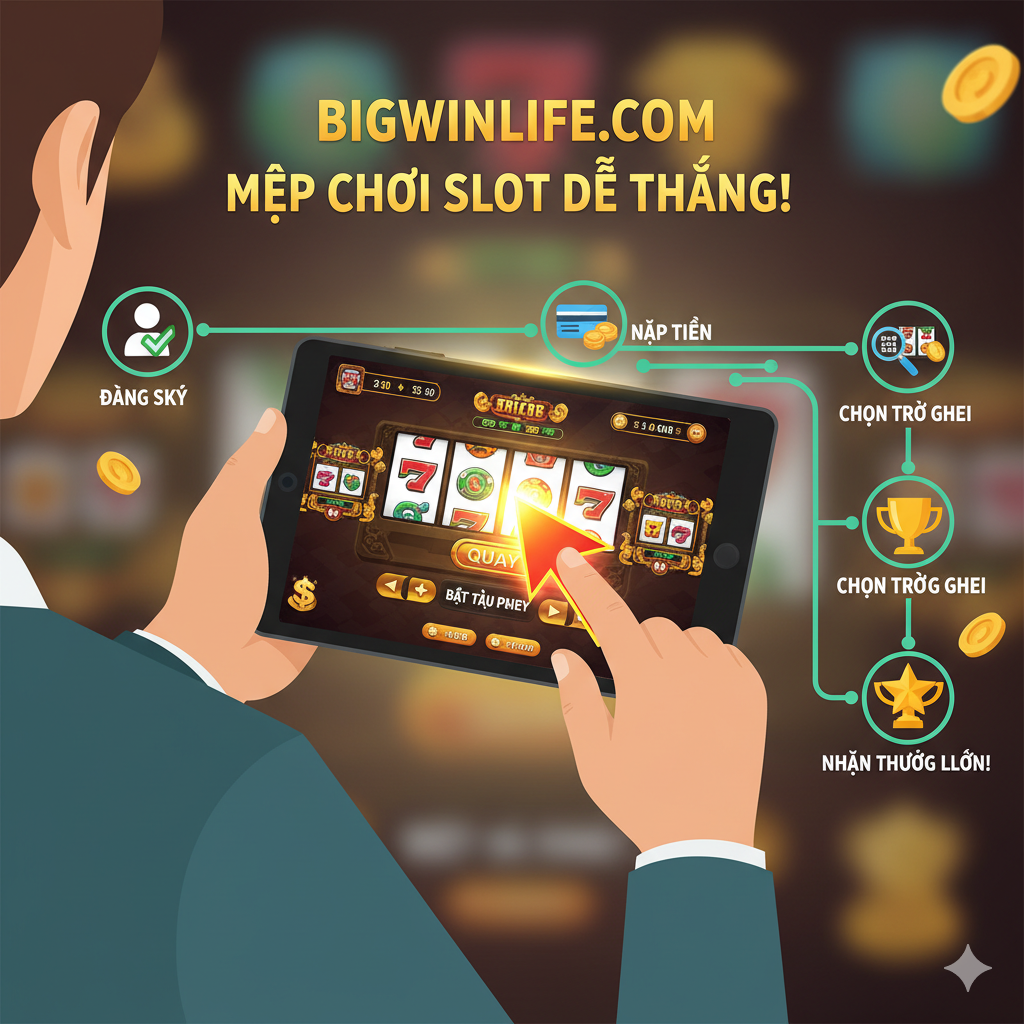 此图转向“Slot Games”的教程指导。图片核心展示一个手持智能手机或平板电脑（代表移动端游戏）的玩家，屏幕上清晰地显示一个老虎机游戏界面，一个巨大的、闪耀的箭头（Arrow）或“Play”按钮被突出显示，暗示“如何开始游戏”的步骤。周围环绕着小型的、引导性的图标（如注册图标、存款图标、选择游戏图标），以流线型的设计连接，表明从“进入网站”到“获得胜利”的简单流程。色彩明亮，采用Bigwinlife.com的主题色调（如果已知，否则使用金色/绿色/红色等代表财富和胜利的颜色）。