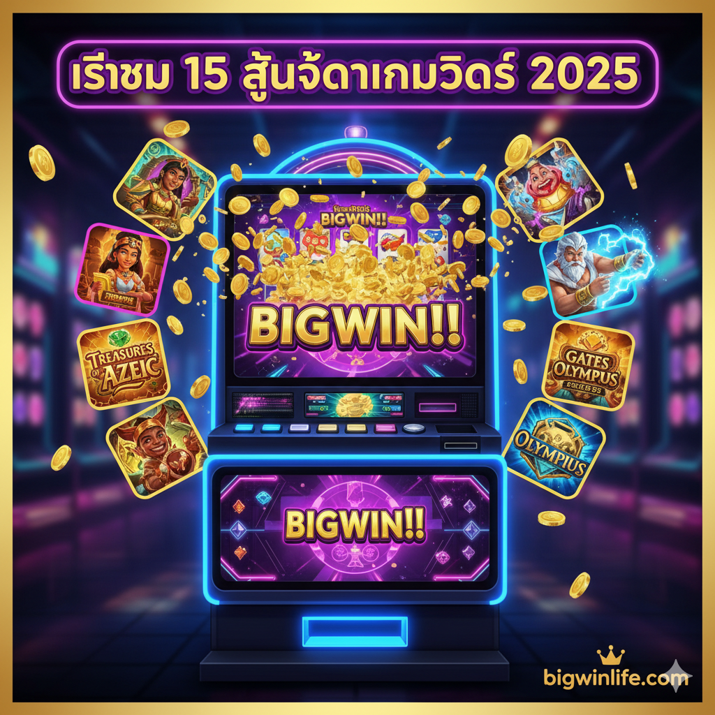 ภาพหน้าปกที่ดึงดูดสายตาสำหรับบทความ "Slot Machine Best Games" (รวม 15 เกมสล็อตแตกง่าย) องค์ประกอบหลักคือสล็อตแมชชีนดิจิทัลที่ทันสมัยกำลังแสดงแจ็คพอต "BIG WIN" ขนาดใหญ่ ล้อมรอบด้วยไอคอนตัวละครจากเกมดังที่กล่าวถึงในบทความ เช่น สาวถ้ำ (Treasures of Aztec) และเทพเจ้าสายฟ้า (Gates of Olympus) มีเหรียญทองระเบิดออกมา สร้างความรู้สึกตื่นเต้นและ "แตกหนัก" ใช้โทนสีทอง ม่วง และนีออนที่หรูหรา พร้อมข้อความ tiêu đề "รีวิว 15 Slot Machine Best Games 2025" และโลโก้ "bigwinlife.com" ที่มุมล่าง