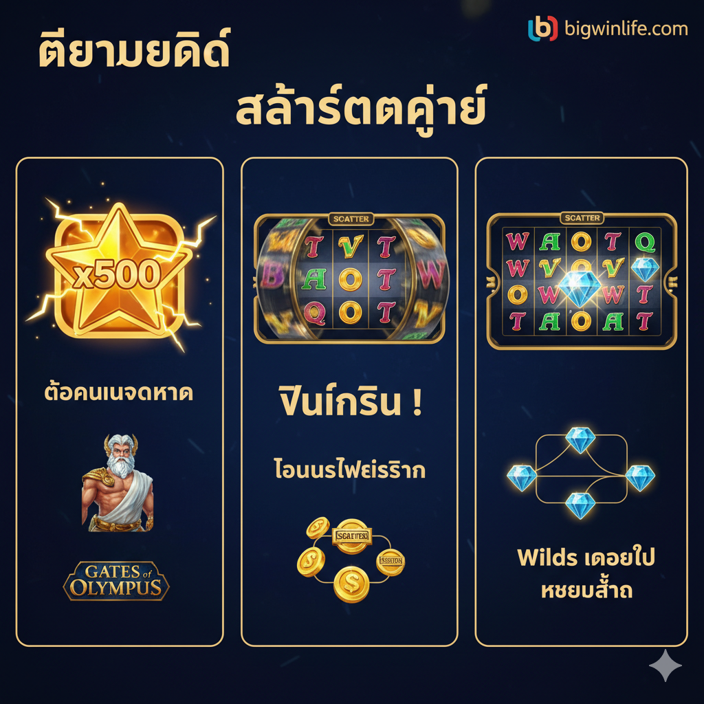 ภาพสไตล์อินโฟกราฟิกที่อธิบาย "ฟีเจอร์" ที่ทำให้สล็อตแตกง่าย โดยแบ่งเป็น 3 ส่วนหลัก ส่วนแรกแสดงไอคอน "ตัวคูณ" (Multiplier) เช่น x500 จาก Gates of Olympus ส่วนที่สองแสดง "ฟรีสปิน" (Free Spins) ที่กำลังถูกกระตุ้น (Trigger) ส่วนที่สามแสดง "Wilds-on-the-Way" หรือ "Sticky Wilds" ที่กำลังทำงานบนวงล้อ ภาพนี้ใช้ไอคอนที่ชัดเจนและข้อความภาษาไทยสั้นๆ (เช่น "ตัวคูณจัดหนัก", "โบนัสฟรีสปิน") เพื่อเน้นจุดเด่นของเกมที่ "แตกง่าย" บนเว็บ bigwinlife