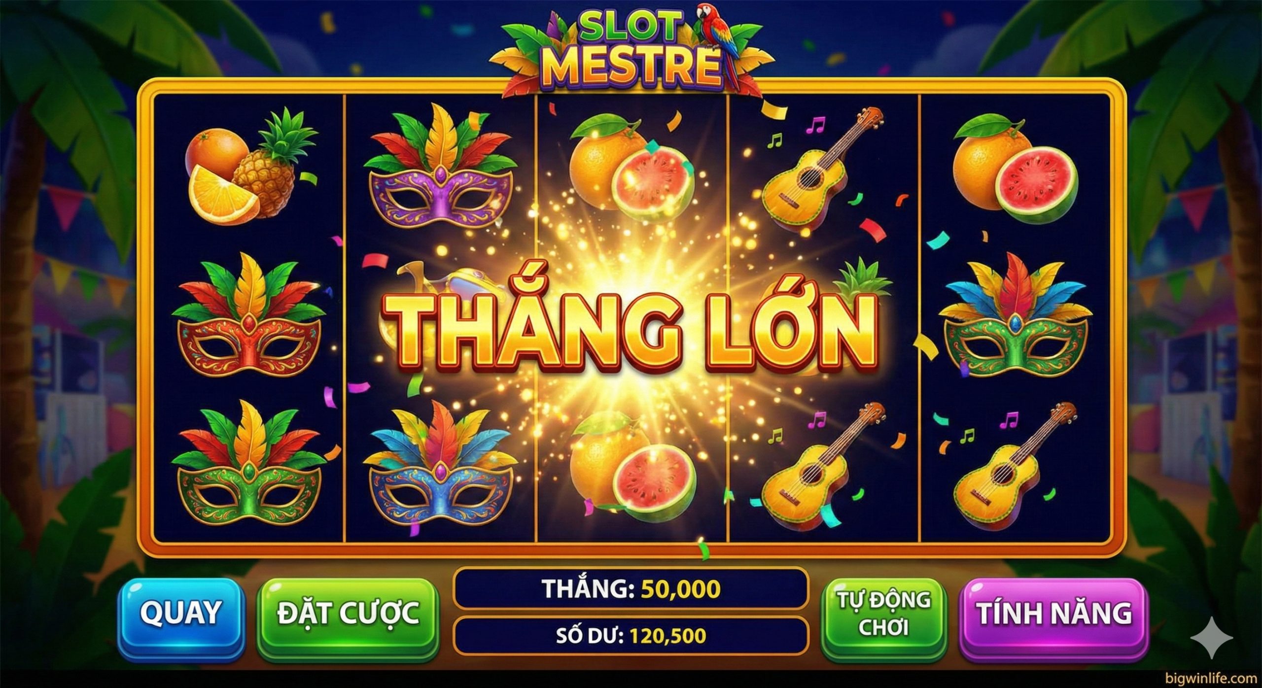 展示Slot Mestre游戏内部丰富功能的特写图。画面展示了一个典型的5卷轴老虎机界面,图案设计包含热带水果、森巴舞面具和乐器,体现文章中提到的南美/国际风格。界面UI设计精致,具有3D立体感,屏幕中央正爆发着'Big Win'的特效光芒和粒子效果,展示其高质量的图形表现和多样化的游戏玩法。