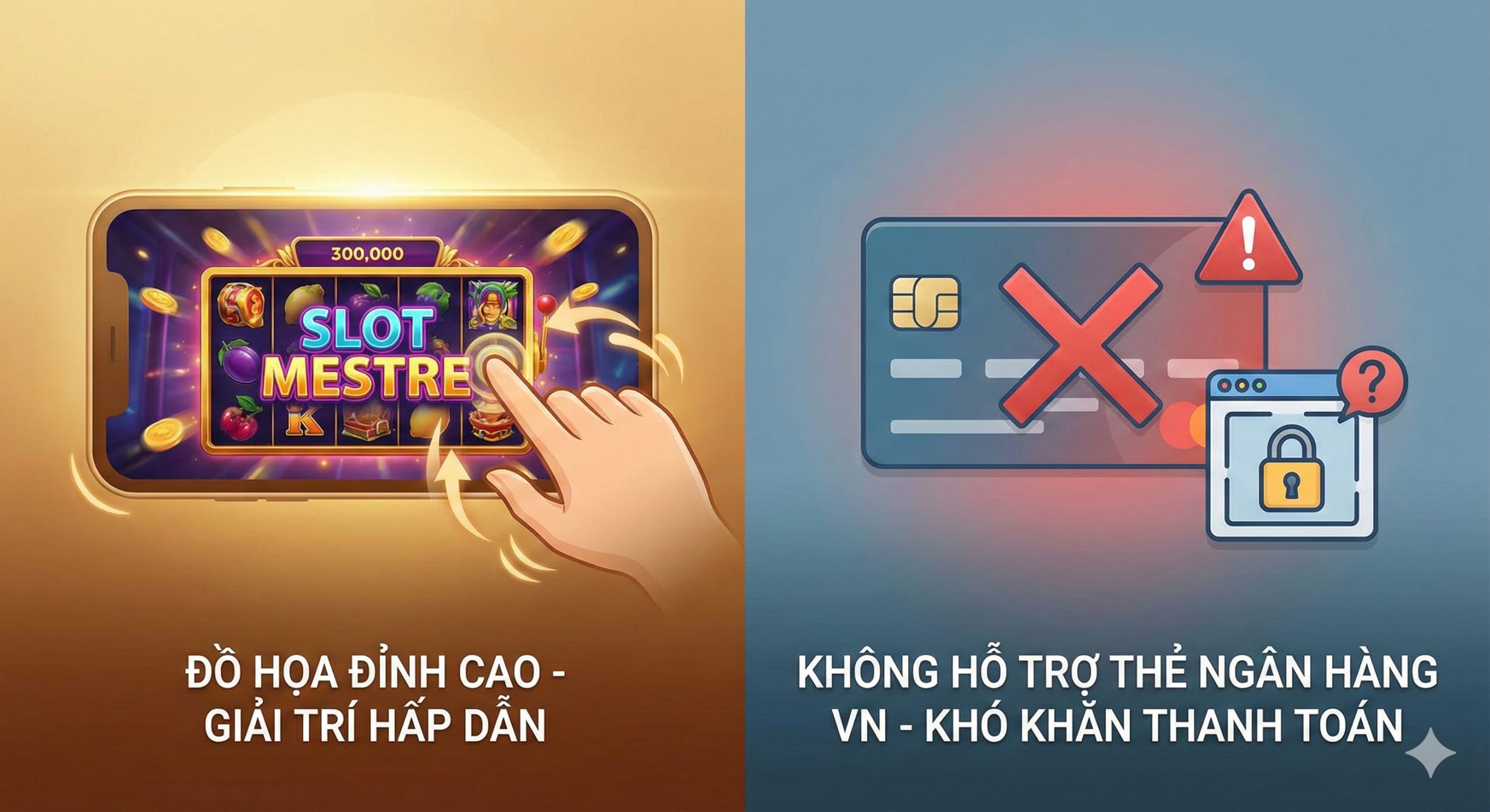 一张用于分析游戏优缺点的概念图。画面左侧展示绚丽的游戏画面和流畅的操作手势,象征'画质顶尖'和'娱乐性强'的优势;画面右侧则是一个带有警示符号的银行卡或支付网关图标,象征文章强调的'不支持越南银行卡'和'支付困难'的劣势。构图左右平衡,帮助读者客观地权衡是否值得下载体验。