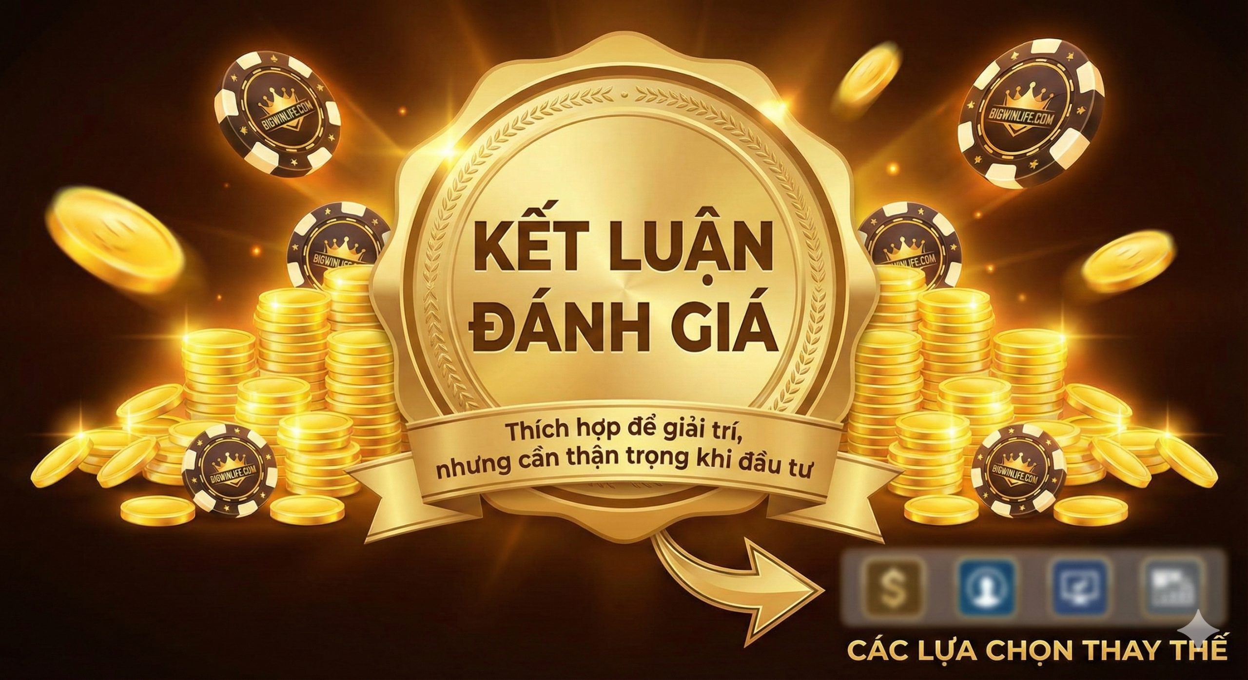 文章总结性的评测海报图。画面主要元素是一个金色的'Review Verdict'(评测结论)印章,背景是成堆的虚拟金币和bigwinlife.com的品牌元素。画面传达出一种'适合娱乐试玩,但需谨慎投资'的氛围,同时也暗示了文章结尾推荐的替代方案。色彩明亮,作为文章的结束,引导用户进行下一步行动。