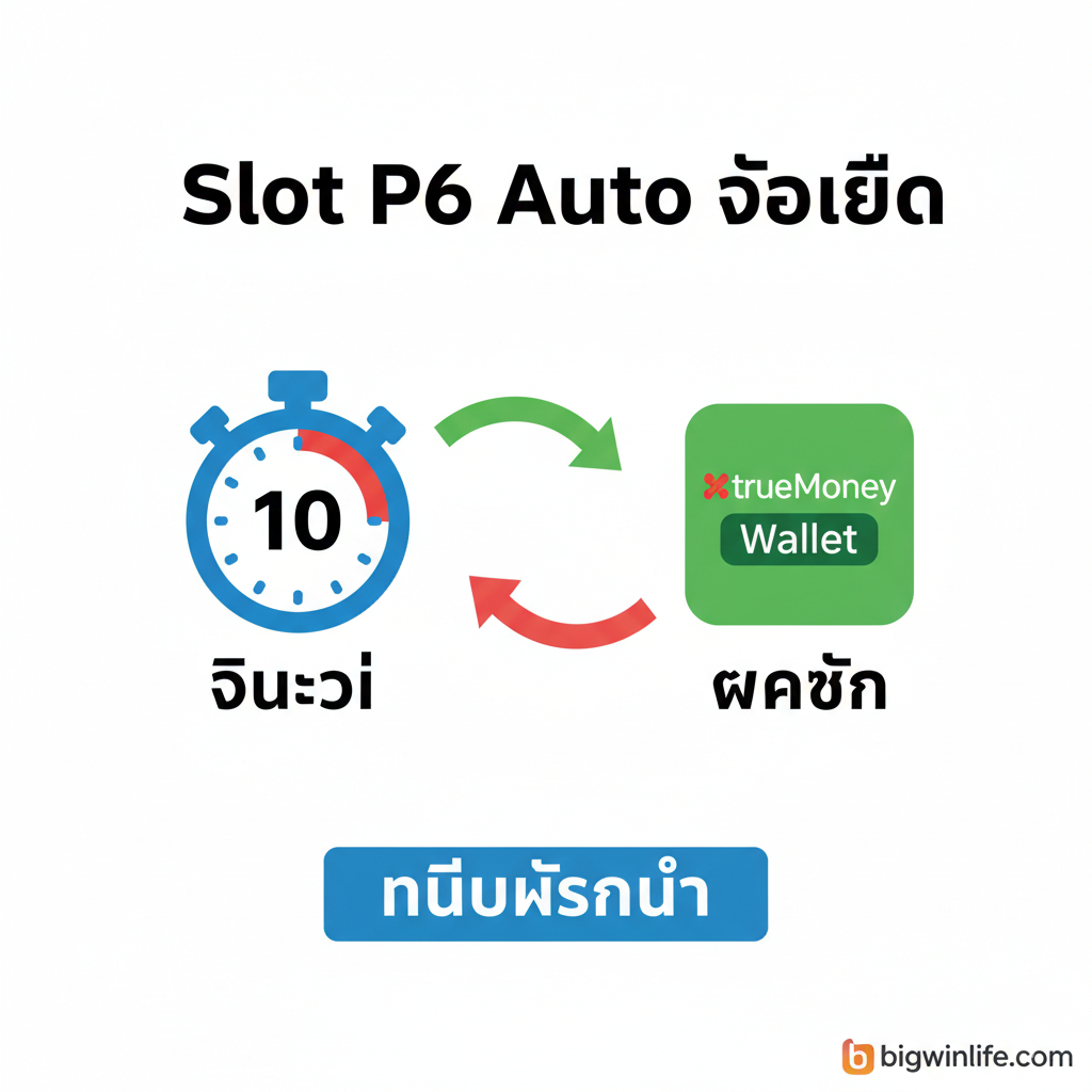 ภาพอธิบายคุณสมบัติหลักแบบอินโฟกราฟิก แสดงการทำงานของระบบ "Slot P6 Auto" และ "วอเลท" (Wallet) องค์ประกอบหลักคือไอคอนรูปนาฬิกาจับเวลา (สื่อถึงความเร็ว 10 วินาที) และไอคอน TrueMoney Wallet ที่เชื่อมต่อกันด้วยลูกศรที่ลื่นไหล แสดงถึงการฝาก-ถอนที่รวดเร็ว ใช้พื้นหลังสีขาวสะอาดตา ตัดกับไอคอนสีสันสดใส (เขียว, แดง, น้ำเงิน) และมีข้อความสั้นๆ กราฟิกเน้นความง่าย "ฝากถอน ไม่มีขั้นต่ำ"