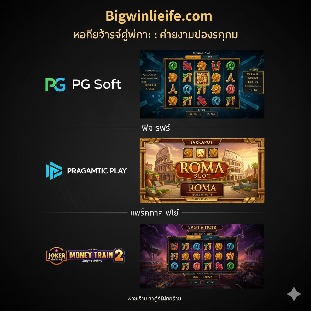 一张功能展示图,用于说明文章中按游戏供应商(ค่ายเกม)分类的“Hall of Wins”。图片被水平分割成三个区域,每个区域代表一个顶级供应商:PG Soft、Pragmatic Play 和 Joker Gaming。每个区域都包含该供应商的徽标,以及其最著名游戏(如Gates of Olympus, Roma Slot)的真实获胜截图。这种并列的构图方式直观地展示了bigwinlife.com上所有热门供应商都有真实的玩家赢钱记录。