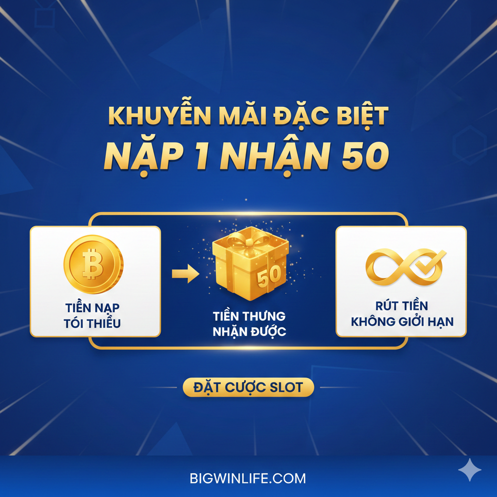 功能特性图，采用简洁的图表风格，突出优惠的核心特点。图片中心是三个并排的图标或卡片：第一个是“1 ฿”硬币，配上“Tiền Nạp Tối Thiểu”；第二个是带有礼物的“50 ฿”奖金，配上“Tiền Thưởng Nhận”；第三个是带有打勾或“∞”符号的图标，配上“Rút Tiền Không Giới Hạn (ถอนไม่อั้น)”。整体配色使用蓝/白/金的专业配色，确保信息清晰易读。使用简洁的线条 và几何形状 để分隔信息, đảm bảo visual focus vào “1:50”的比例 và “无限制提现”的承诺。