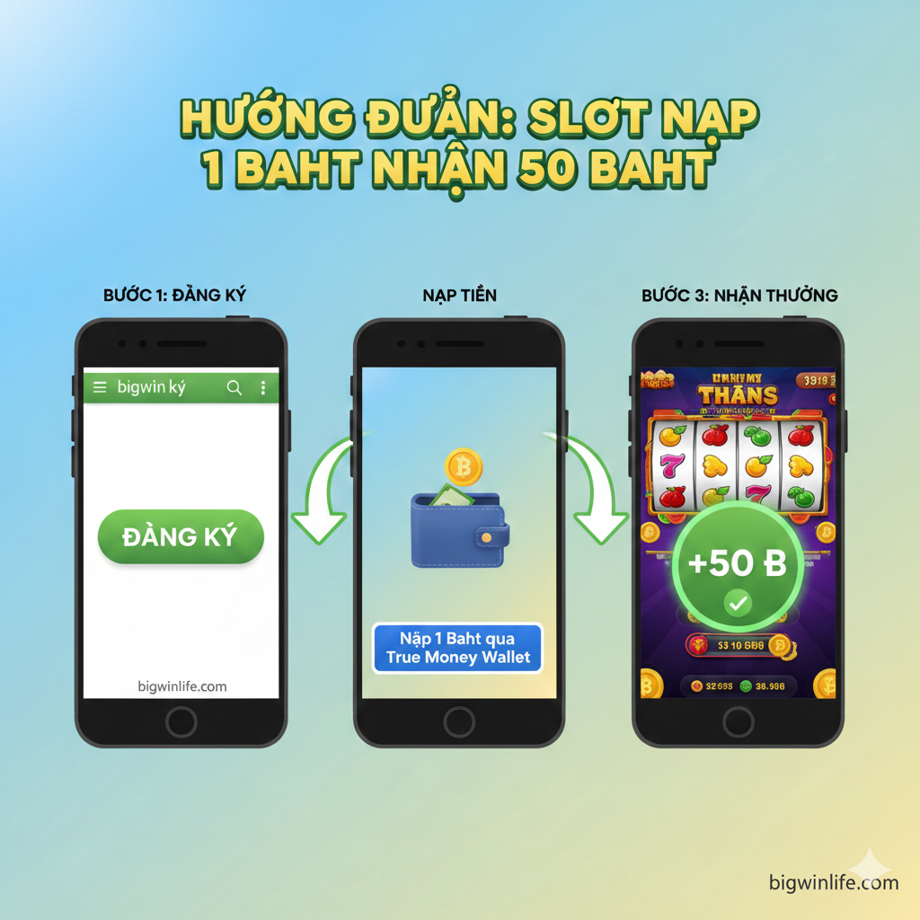 教程指导图，展示新用户获取奖金的3个步骤。采用流程图或分步指示的构图：1. 手机屏幕上显示“Đăng Ký”按钮（绿色）；2. 另一个手机屏幕显示一个钱包（Wallet）图标，以及“Nạp 1 Baht qua True Money Wallet”的文字；3. 最后一个屏幕显示老虎机界面，并有一个大的“+50 ฿”弹出通知。图片风格应简洁、移动端友好。使用箭头连接这三个步骤，强调流程的快速和便捷。整体色彩要明亮，突出操作的简单性。